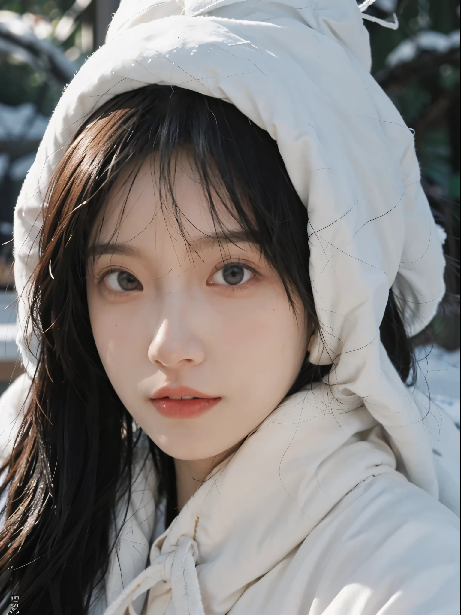 Best quality, 超高分辨率, white backgrounid,(realistically:1.4), girl, A pair of eyes as clear as snow,Imperial sister,Black long straight, looking at viewert, close up ,