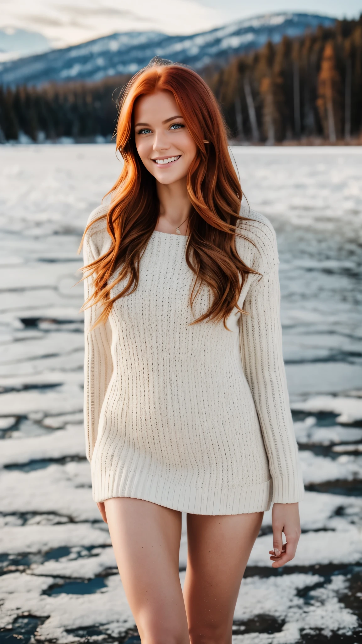 realistic body shot photo of a swedish red head smiling woman walking in front of the camera wearing a winter dress. Winter. Frozen lake. glamour photoshoot, Snow, perfect butt, beautiful face, perfect anatomy, fit girl, looking into the camera, strong hip:1.2, wide hip:1.3, 23 yo woman. (Eye makeup:1.1), (highly detailed skin:1.1), RAW, analog style, sharp focus, 8k UHD, DSLR, high quality, Fujifilm XT3, grain, award winning, masterpiece.