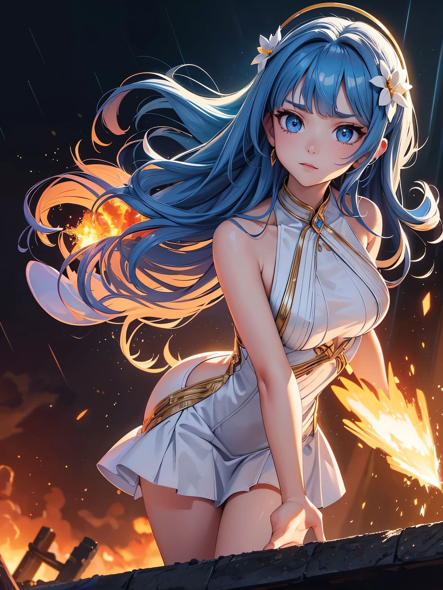 masterpiece, exquisite, {beautiful and meticulous girl}, beautiful and detailed halo, (fire of war: 1.2), (fire explosion behind: 1.3), rain, detailed lighting, detail water, (beautiful and detailed eyes: 1.1), glitter_force, palace, sky blue hair, scattered hair, long bangs, eyebrows, (Open Stitch Ring Linked Halter Neck Backless Swimsuit: 1.1), black ribbon, white bow tie, upper abdomen, big forehead, flower, leaning_forward