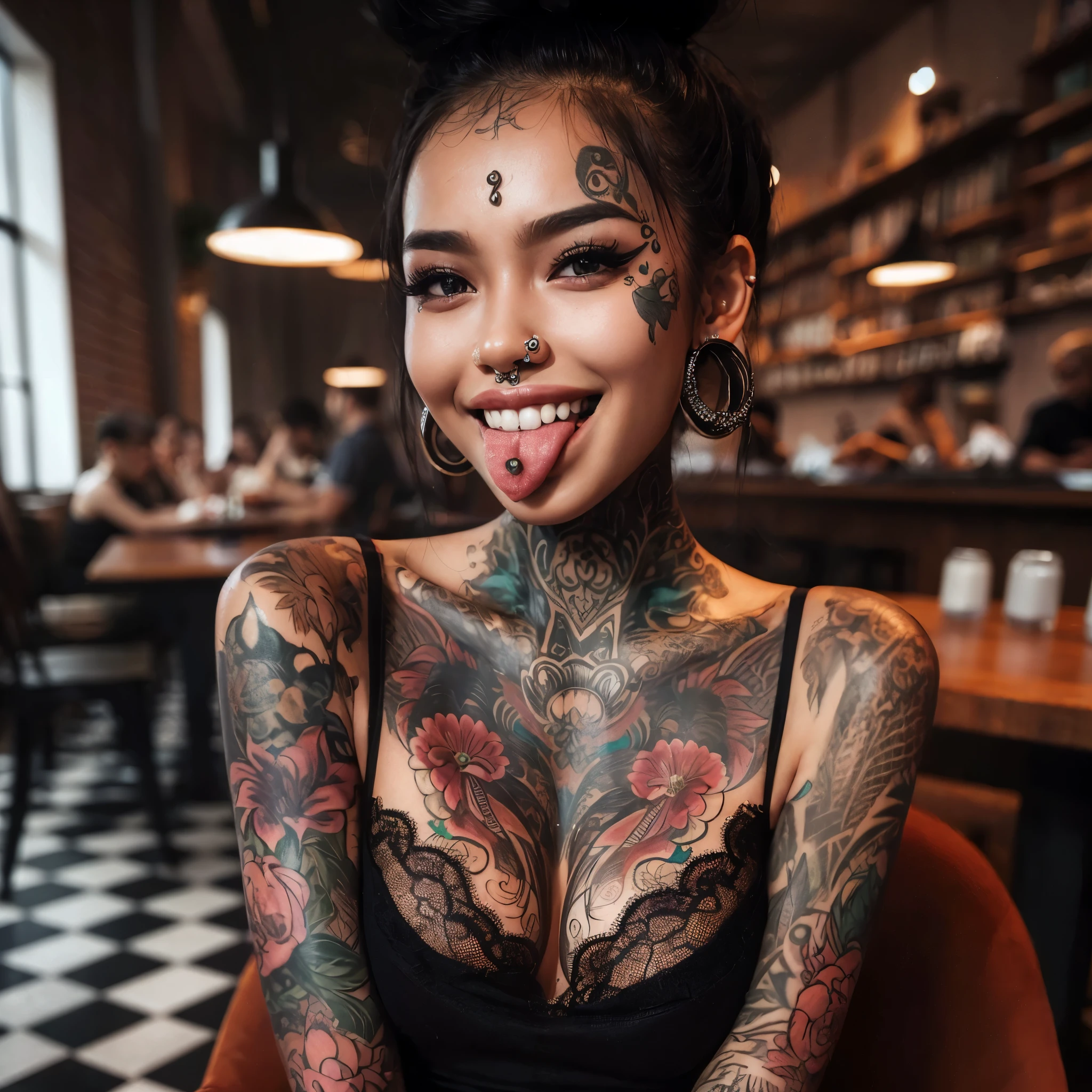 Generate an indonesian lady with full body tattoo, swimming pool, showing her tongue with piercing, smile, beautifull, nose piercing, lips piercing, tongue piercing, so many ears piercing, body modification, face tattoo, split tongue, cheek piercing,wearing so many earring, ring, bracelet, necklace, forehead tattoo, masterpiece, best quality:1.2),(8k,highres,RAW photo,realistic,photo-realistic:1.3),(detailed skin texture), masterpiece, best quality:1.2),,(8k,highres,RAW photo,realistic,photo-realistic:1.3),(detailed skin texture,detailed cloth texture,beautiful detailed face:1.25),professional lighting,photon mapping,beautiful soft light,radiosity,physically-based rendering,raytracing, model shoot style, model shoot style, (extremely detailed CG unity 8k wallpaper), full shot body photo of the most beautiful artwork in the world, ((nsfw))