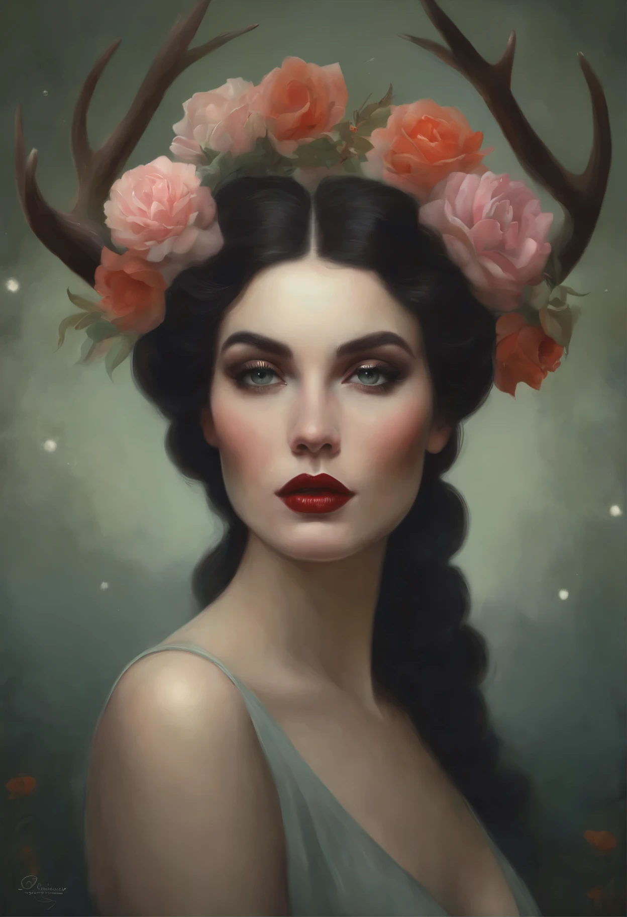 painting of a woman with a deer and flowers in her hair, tom bagshaw style, tom bagshaw artstyle, Tom Bagshaw вдохновил, portrait of Tom bagshaw, Artstyle: Tom Bagshaw, in tom bagshaw style, in the tom bagshaw style, Артгерм и Tom Bagshaw, tom bagshaw style, Вдохновлённый Tom Bagshaw