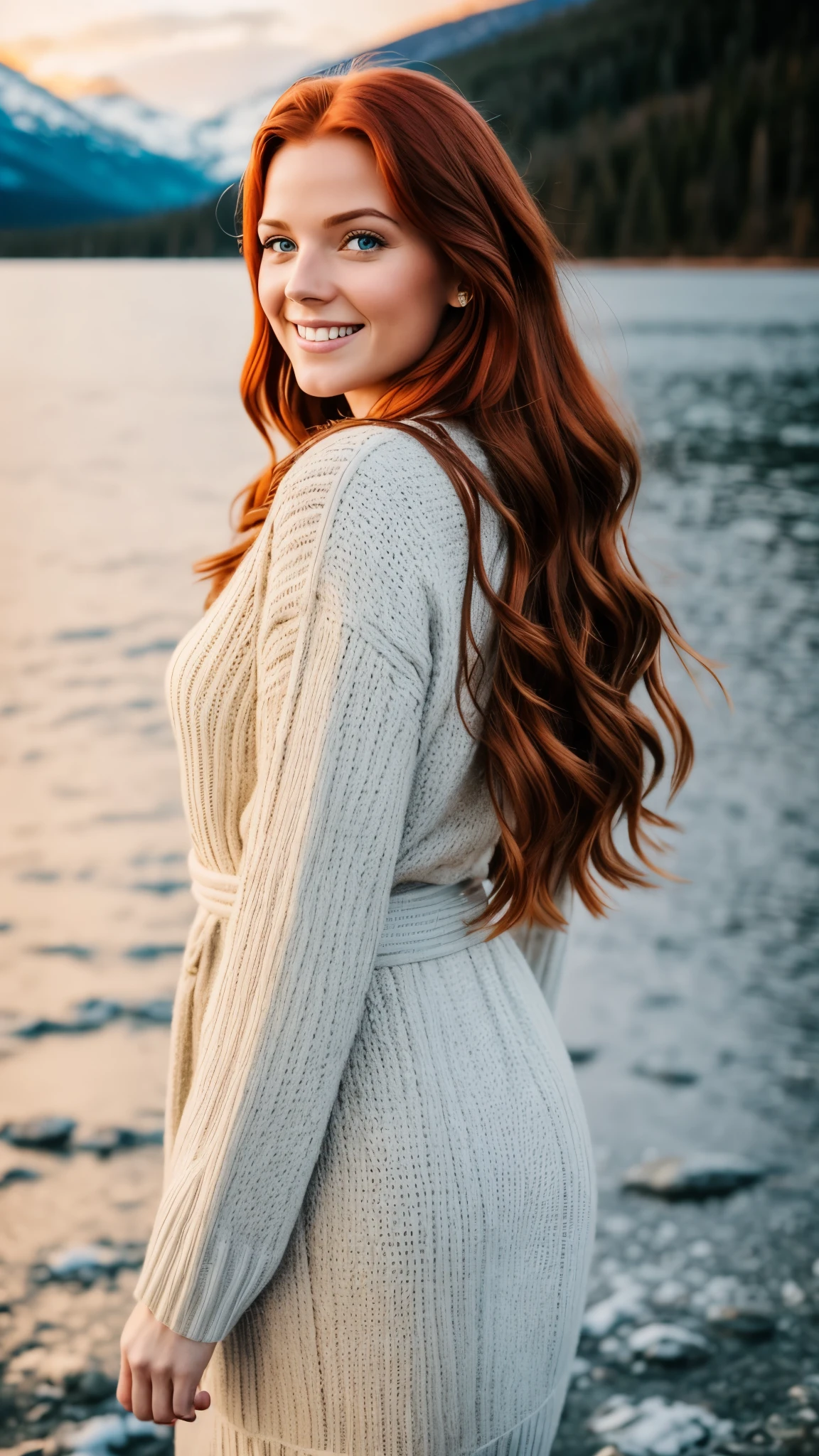 realistic body shot photo of a swedish red head smiling woman walking in front of the camera wearing a winter dress. Winter. Frozen lake. glamour photoshoot, Snow, perfect butt, beautiful face, perfect anatomy, fit girl, looking into the camera, strong hip:1.2, wide hip:1.3, 23 yo woman. (Eye makeup:1.1), (highly detailed skin:1.1), RAW, analog style, sharp focus, 8k UHD, DSLR, high quality, Fujifilm XT3, grain, award winning, masterpiece.