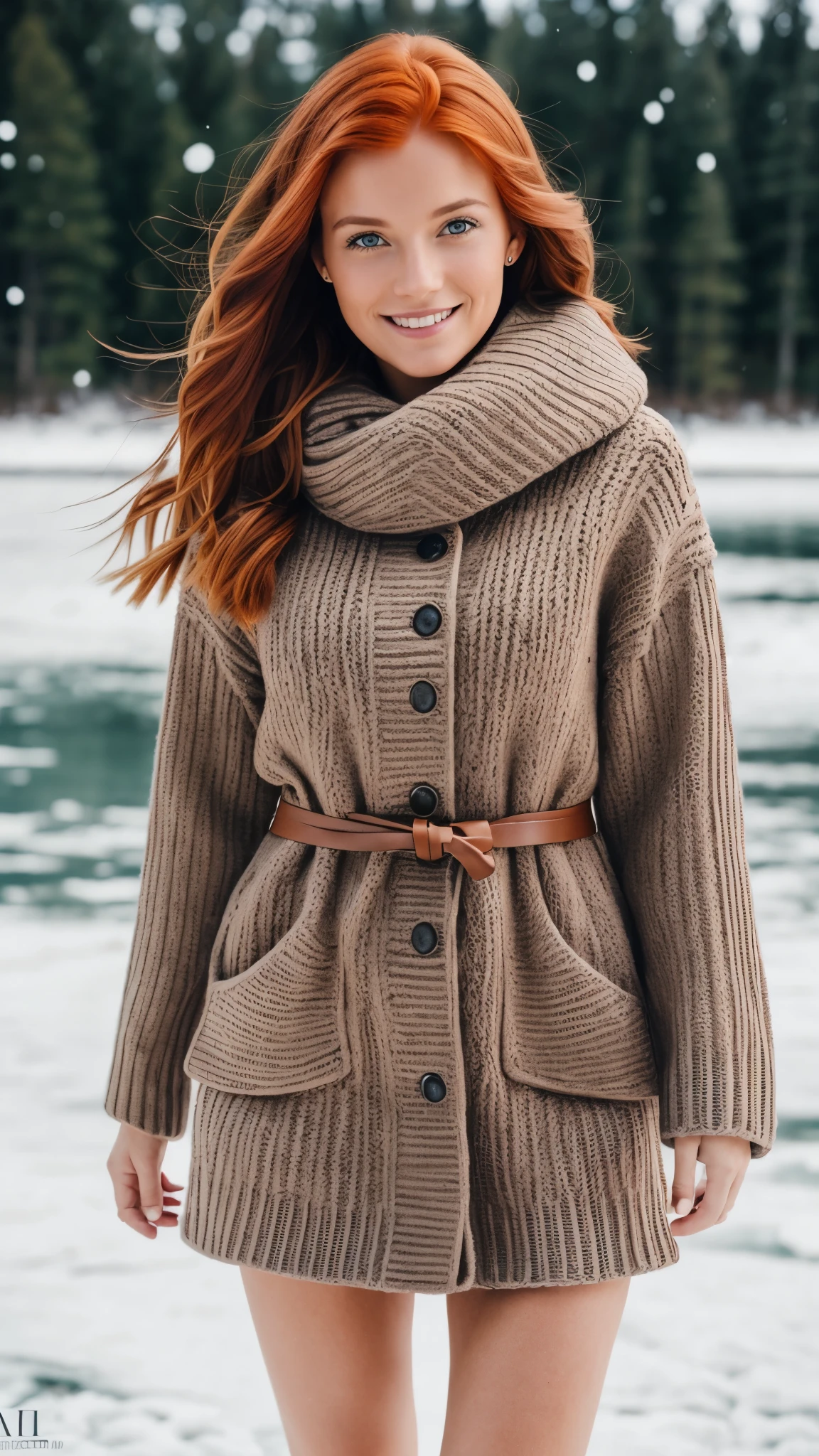 realistic body shot photo of a swedish red head smiling woman walking in front of the camera wearing a winter dress. Winter. Frozen lake. glamour photoshoot, Snow, perfect butt, beautiful face, perfect anatomy, fit girl, looking into the camera, strong hip:1.2, wide hip:1.3, 23 yo woman. (Eye makeup:1.1), (highly detailed skin:1.1), RAW, analog style, sharp focus, 8k UHD, DSLR, high quality, Fujifilm XT3, grain, award winning, masterpiece.