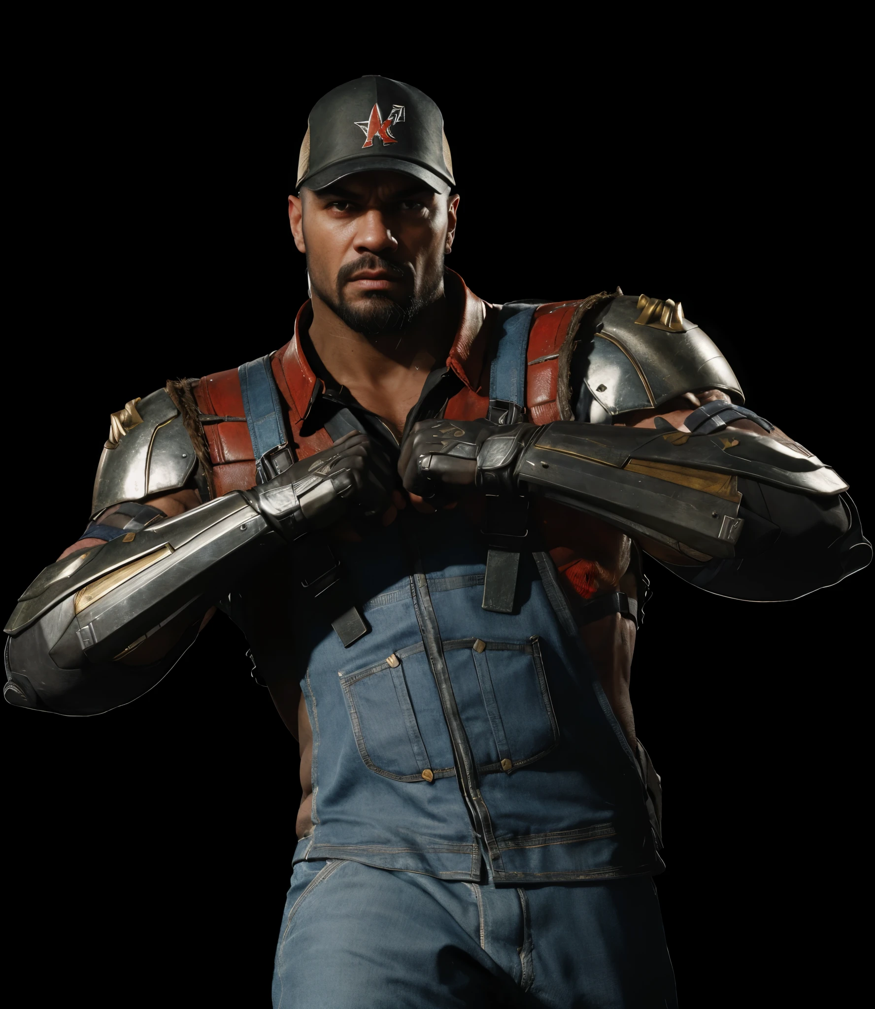 (masterpiece),(best quality:1.0),(ultra high resolution:1.0), Jax, mortal kombat, beard , farmer, metal arms, cap forward, closeup, detailed, face focus, 8k wallpaper