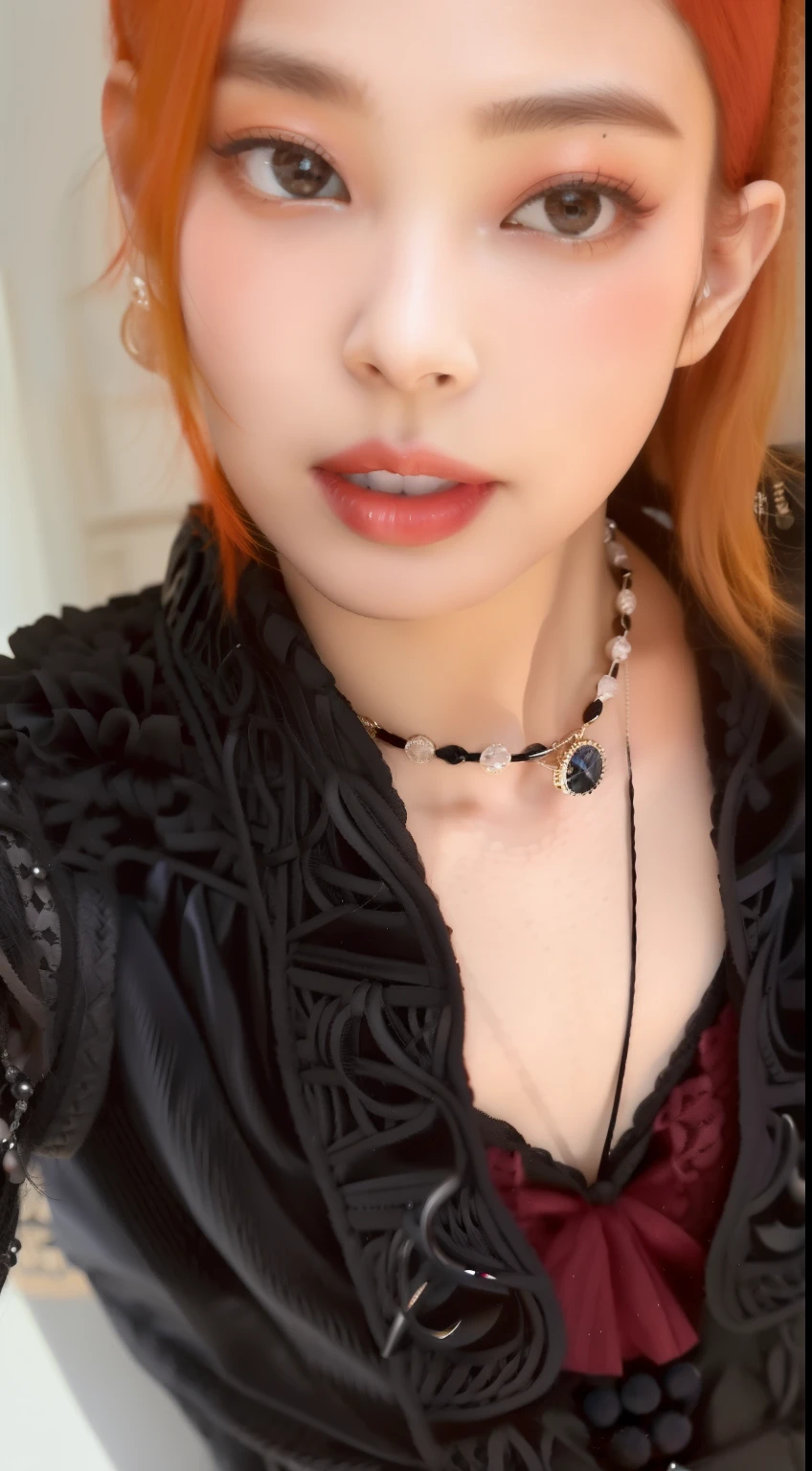 there is a woman with red hair and a colar on, wearing several pendants, wearing intricate black Gargantilha, wearing Gargantilha, Gargantilha on neck, cyber colar, wearing black Gargantilha, neck zoomed in from lips down, imagem de perfil, Directed by: Emma Andijewska, colar, neck zoomed in, goth vibe, gothic harts, a black Gargantilha, Gargantilha