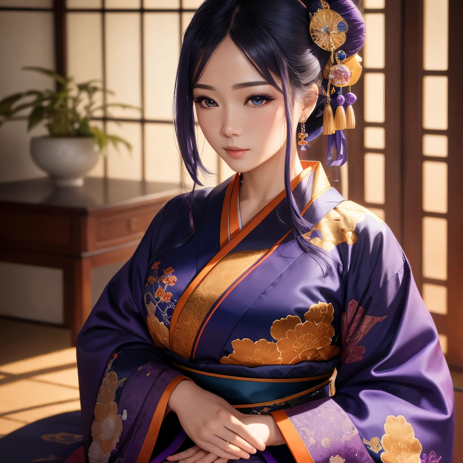 finest image, 8k, RAW photo, realistic, detailed, delicate, flashy and dynamic depiction, beautiful woman, full-makeup, New Year's greetings, wearing a blue, purple and orange Japanese kimono with golden embroidery, sitting straight and bowing her head, her hair beautifully styled, background Japanese room