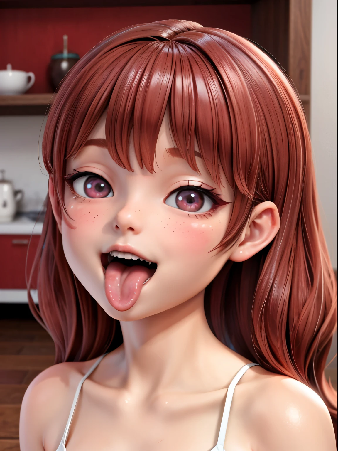 1beautiful girl、reallistic、3D、、(super close up of mouth、Opens mouth wide and shows throat、Smile with mouth wide open)、tongue、長いtongue、tongueを突き出している、teak、lip stick、succubus、