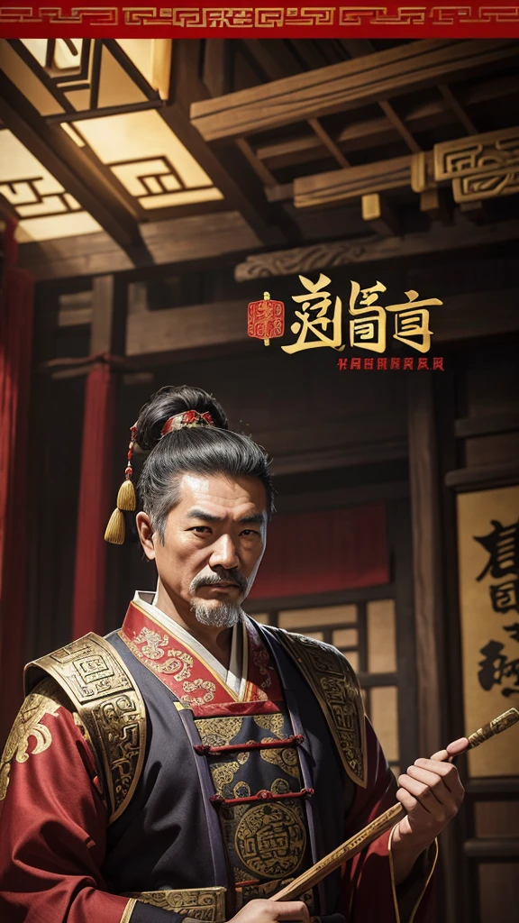 oriental、Middle-aged man wearing ancient Chinese clothes、ancient chinese hairstyle middle age、three kingdom、multiple warlords、top-quality、masterpiece、超A high resolution、(Photorealsitic:1.4)、Game Posters、Inside the building、