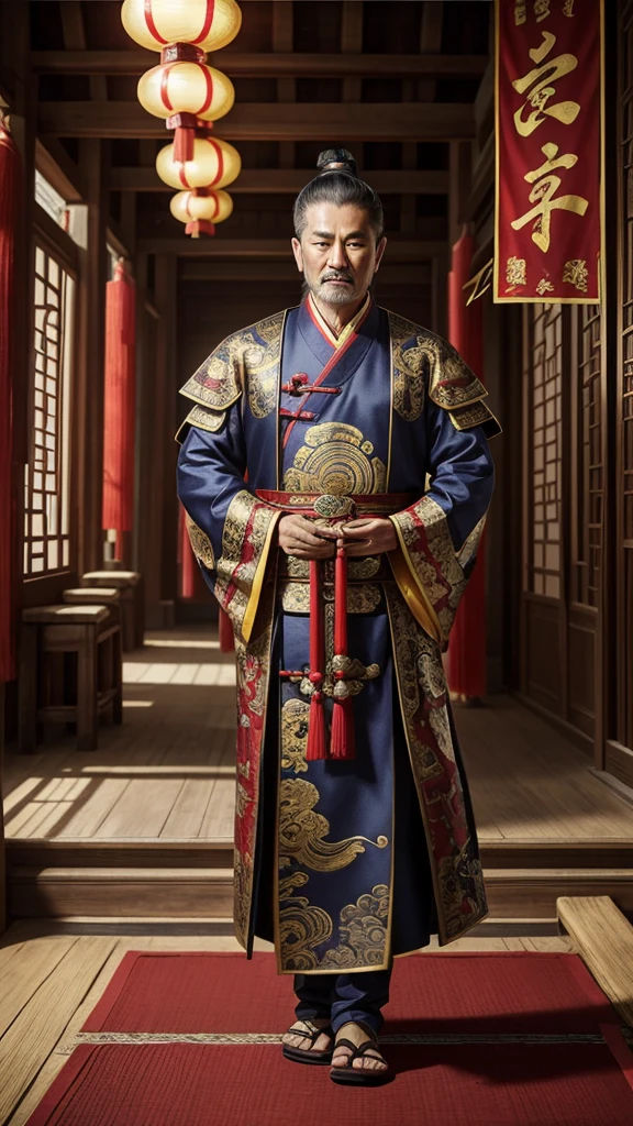 oriental、Middle-aged man wearing ancient Chinese clothes、ancient chinese hairstyle middle age、three kingdom、multiple warlords、top-quality、masterpiece、超A high resolution、(Photorealsitic:1.4)、Game Posters、Inside the building、