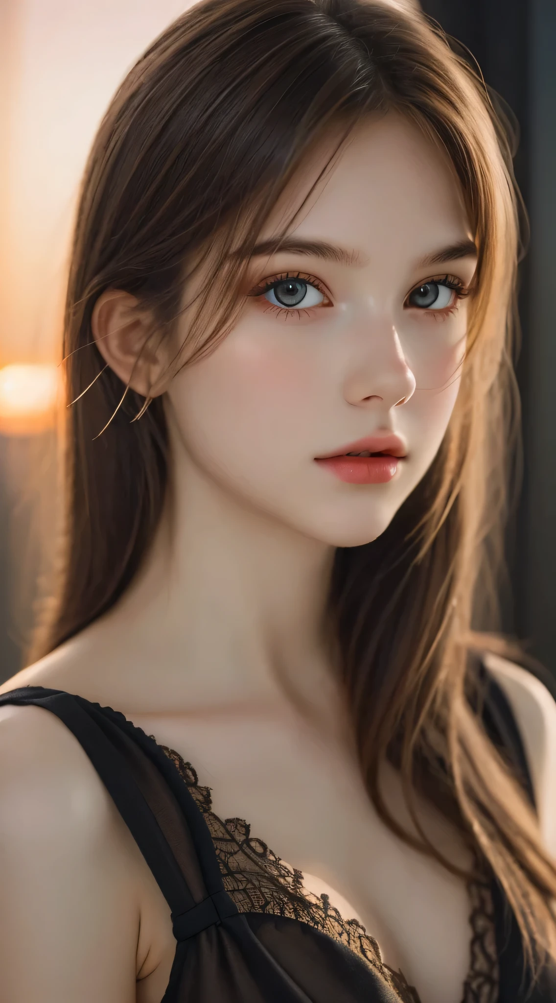 (Best Quality), (Ultra-detailed), (Illustration), (Detailed light), (extremely delicate and beautiful), 1young girls, Brown hair, Brown eyes, modeled, bare shoulders、breastsout:1.2), Best Quality, extremely detailed CG unified 8k wallpaper, High-definition color, Professional, depth of fields, Twilight, Sunset,