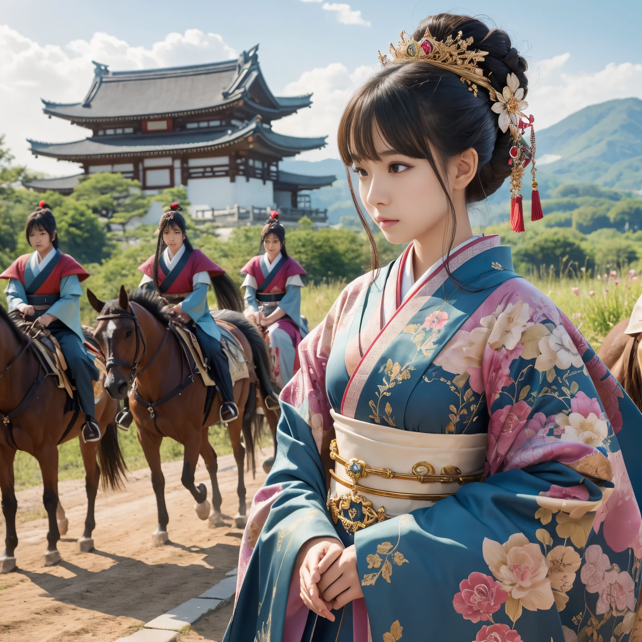 (Raw photo:1.2), (Photorealistic), Beautiful detailed girl, Very detailed eyes and face, Beautiful detailed eyes, Huge file size, High resolution, Very detailed, Best Quality, [masutepiece:1.6], Illustration, Very detailed, Fine detail, Best Quality, 8K Wallpaper, Movie Lighting, 1girl in, japanes, 15 year old princess, Take the lead and head to the battlefield, Princess Kimono, Sleeping, army of soldiers behind, Princess hair ornament, A castle towers in the background, tiny chest