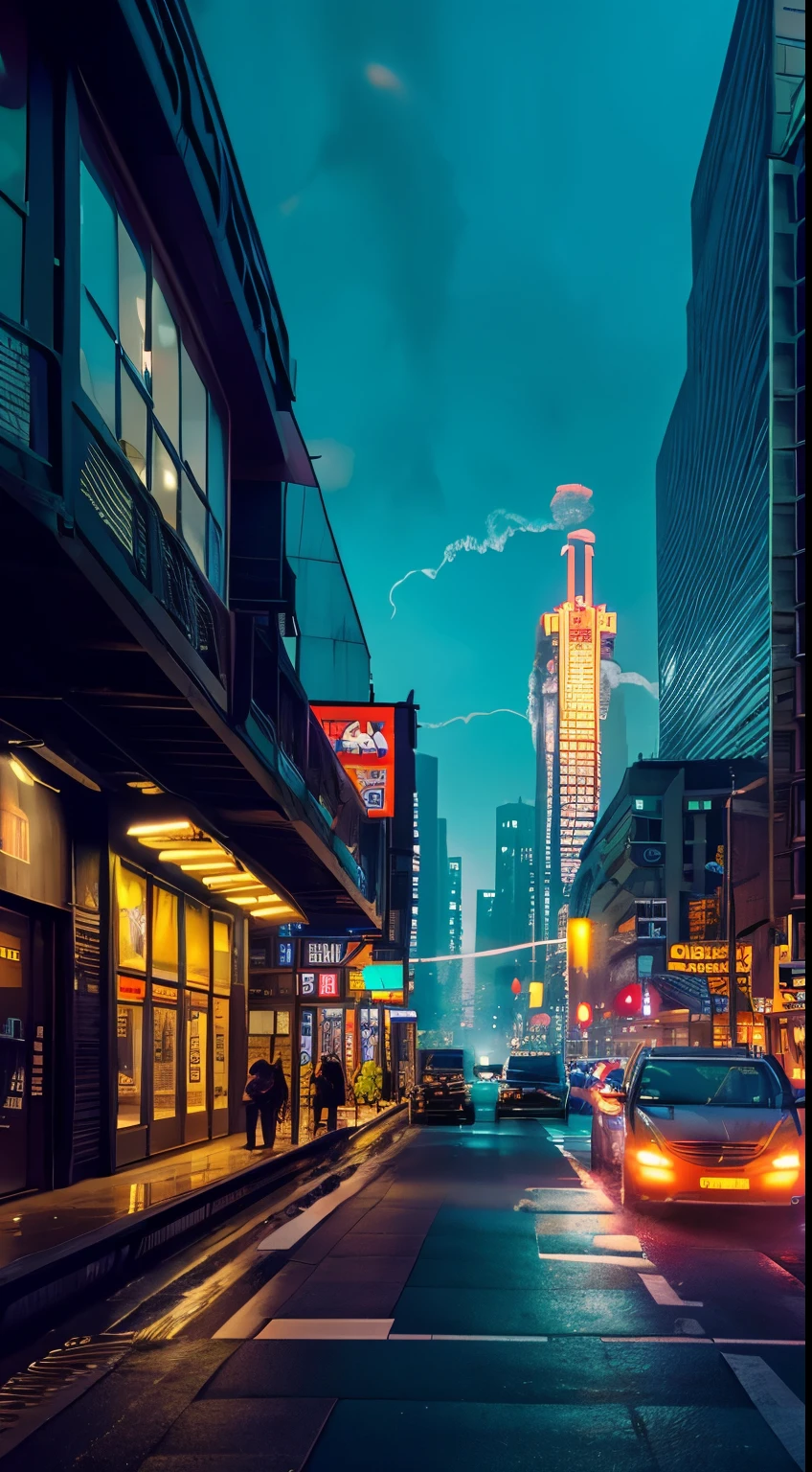(best quality,4k,8k,highres,masterpiece:1.2),ultra-detailed,(realistic,photorealistic,photo-realistic:1.37),cyberpunk city,night scene,futuristic buildings,neon lights,hovering vehicles,reflection on wet pavement, bustling atmosphere,glowing digital billboards,technological advancements,colorful holograms,fast-paced life,sharp focus,energetic vibe,vivid colors,hard-edged architecture,blurred motion,low camera angle,high-tech gadgets,shadows and highlights, decay,dark alleyways,grid-like street patterns,city skyline,traffic congestion,glowing eyes peering from the shadows,moonlight illuminating the city,contrast between light and darkness,illuminated skyscrapers,interconnected walkways,crowded streets,steam rising from vents,high-rise apartments,elevated train tracks,cool and sleek fashion,electric energy in the air,artificial intelligence blend with human life,blending of cultures,seamless integration of technology,industrial aesthetics,nightclubs with pulsating music and dancing,excitement and anticipation in the air, rush,fast-paced lifestyle,silhouette of a lone figure against the cityscape, exploration,nighttime adventures,unpredictable future.