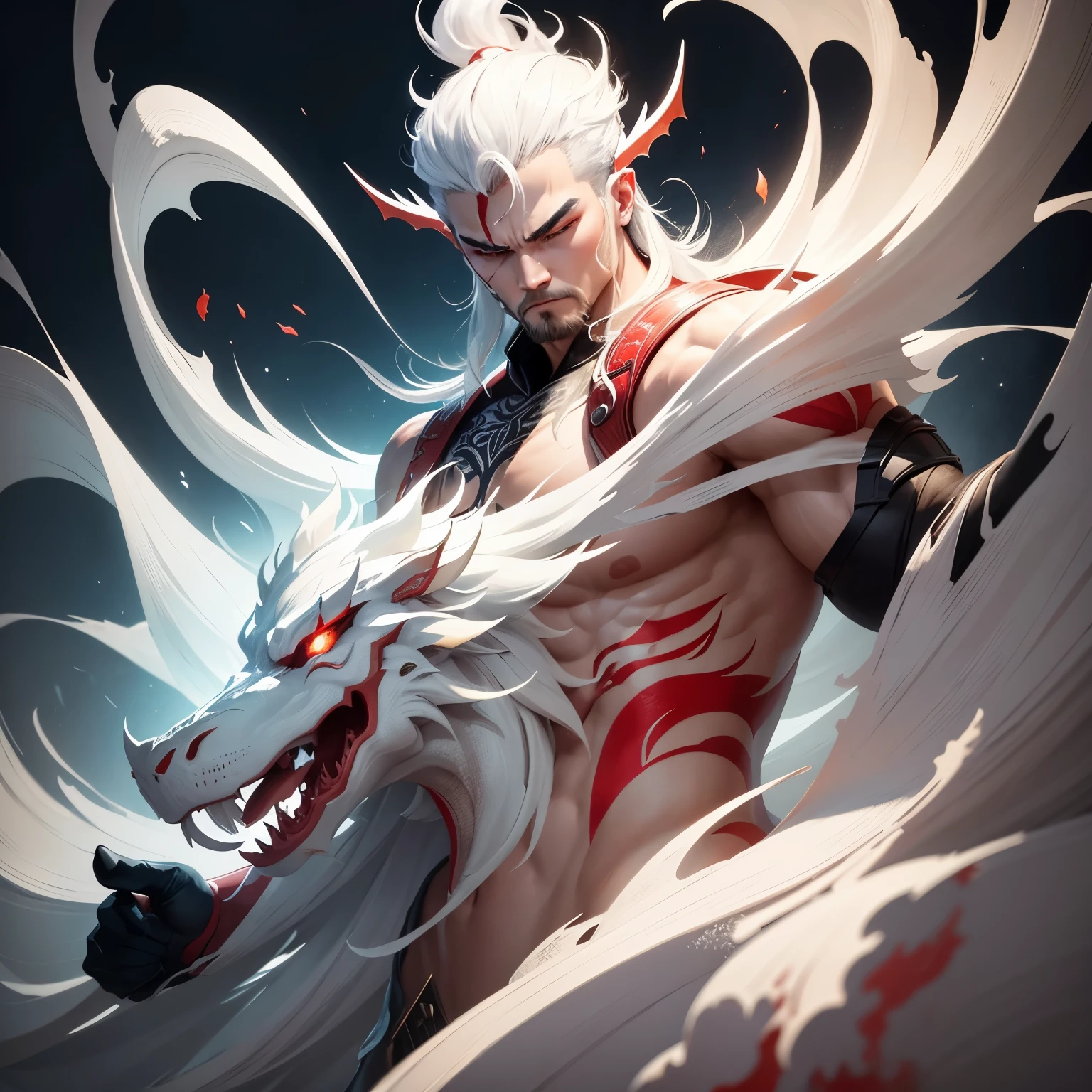A Chinese art of a thor, dragon with a homogeneous mix of clouds and smoke in striking red and creamy white hues. Employ an organized and well-structured paper art style on a white canvas, enhance the masterpiece with IOS-style volumetric shadows, tattoo-style details, and paint splashes, and introduce minimal ink art elements to infuse the artwork with the grace of traditional simplicity, inspired by the refined ink style of Wu Guanzhong.