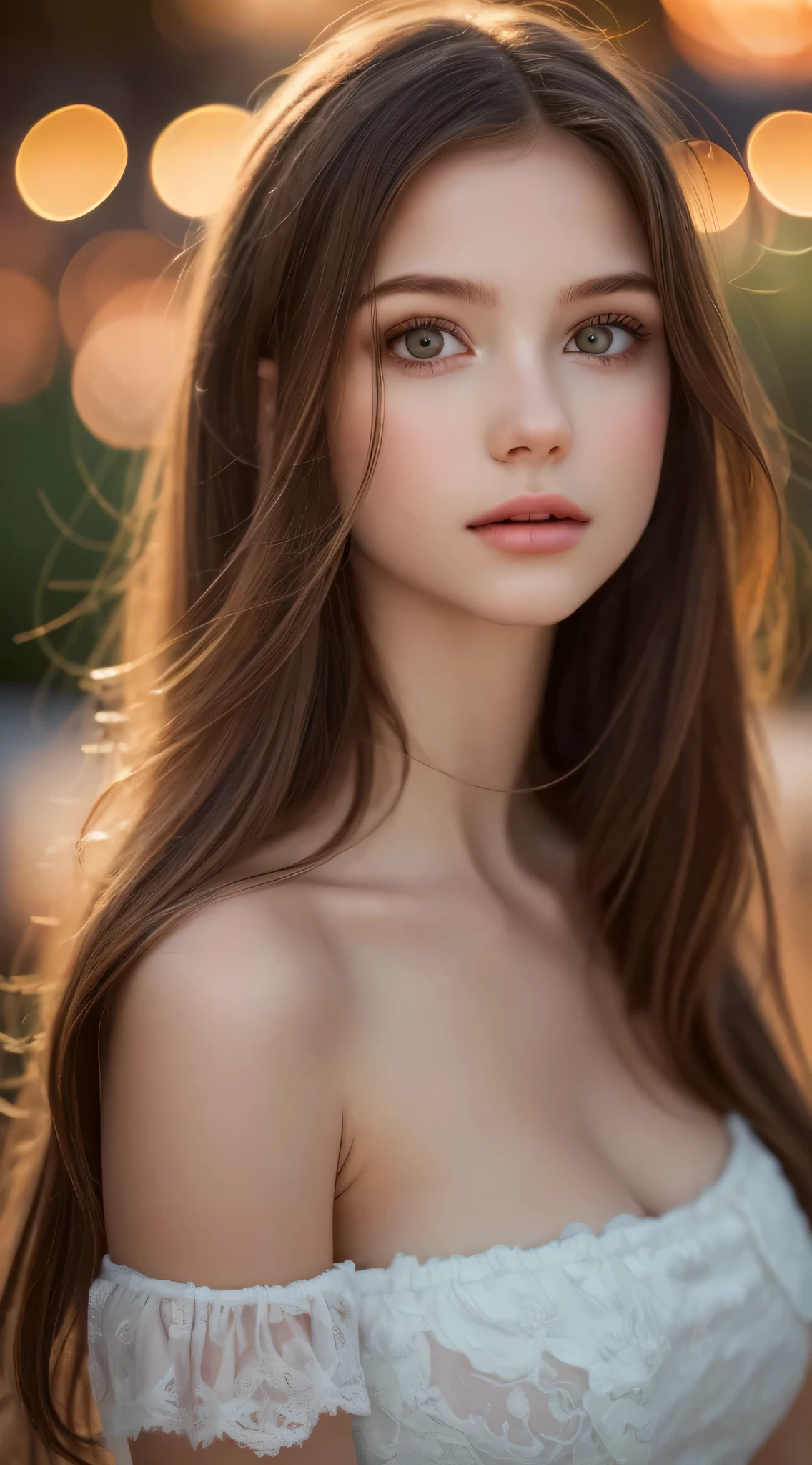 (Best Quality), (Ultra-detailed), (Illustration), (Detailed light), (extremely delicate and beautiful), ung girls, Brown hair, Brown eyes, modeled, bare shoulders、breastsout:1.2), Best Quality, extremely detailed CG unified 8k wallpaper, High-definition color, Professional, (((Bokeh))), depth of fields, Twilight, Sunset,