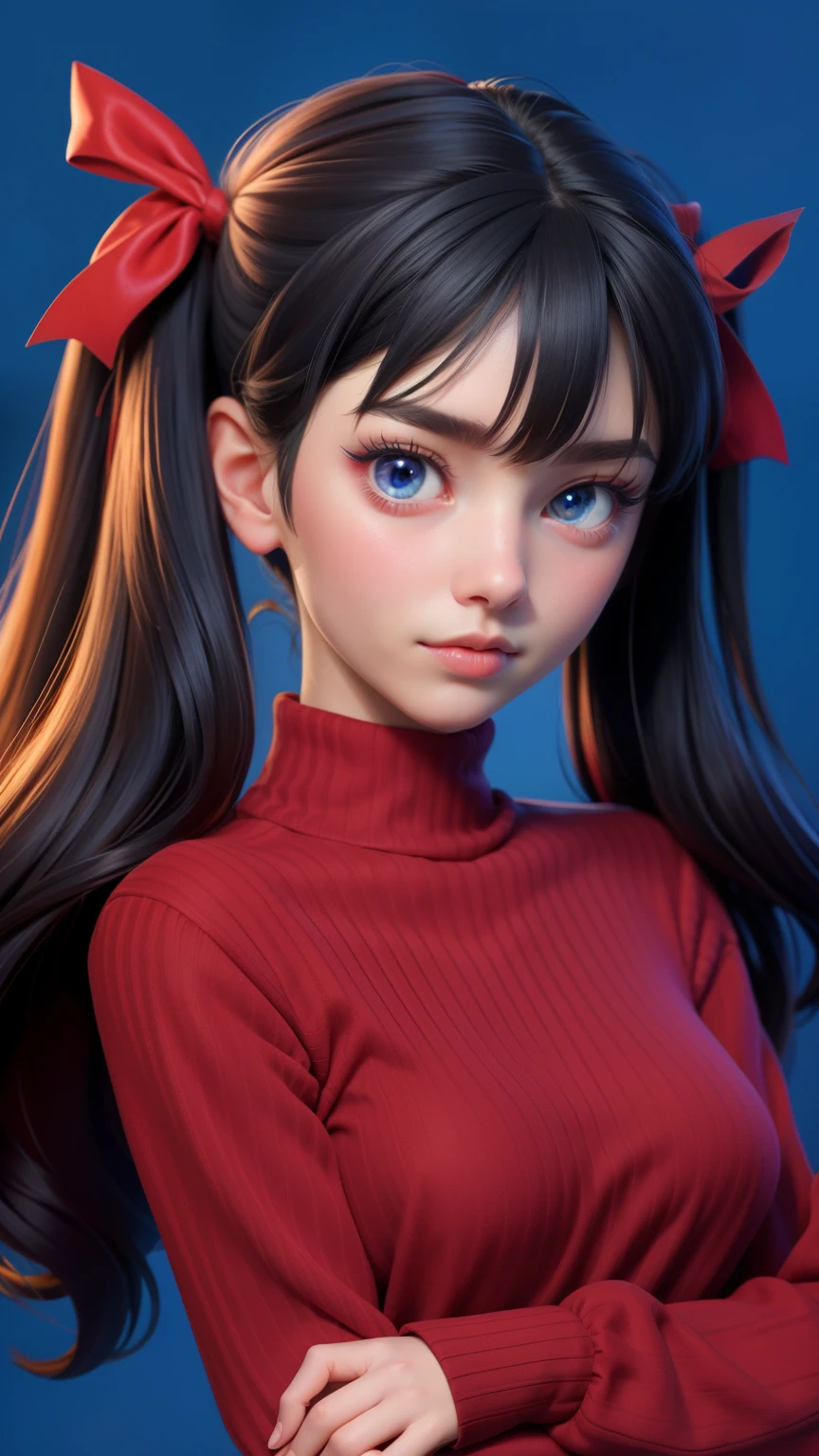 1girl, tohsaka rin, solo, long hair, sweater, red sweater, looking at viewer, blue background, black hair, background, two side up, turtleneck, blue eyes, lips, closed mouth, ribbon, hair ribbon, bangs, turtleneck sweater, upper body, parted bangs, black ribbon, ribbed sweater, twintails, nose, nude, nipple