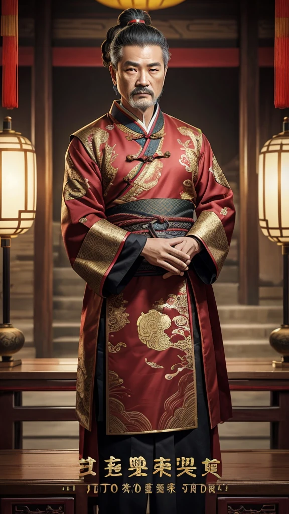 oriental、Middle-aged man wearing ancient Chinese clothes、ancient chinese hairstyle middle age、three kingdom、multiple warlords、top-quality、​masterpiece、超A high resolution、(Photorealsitic:1.4)、Game Posters、Inside the building、