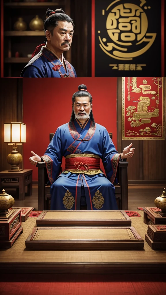 oriental、Middle-aged man wearing ancient Chinese clothes、ancient chinese hairstyle middle age、three kingdom、multiple warlords、top-quality、​masterpiece、超A high resolution、(Photorealsitic:1.4)、Game Posters、Inside the building、