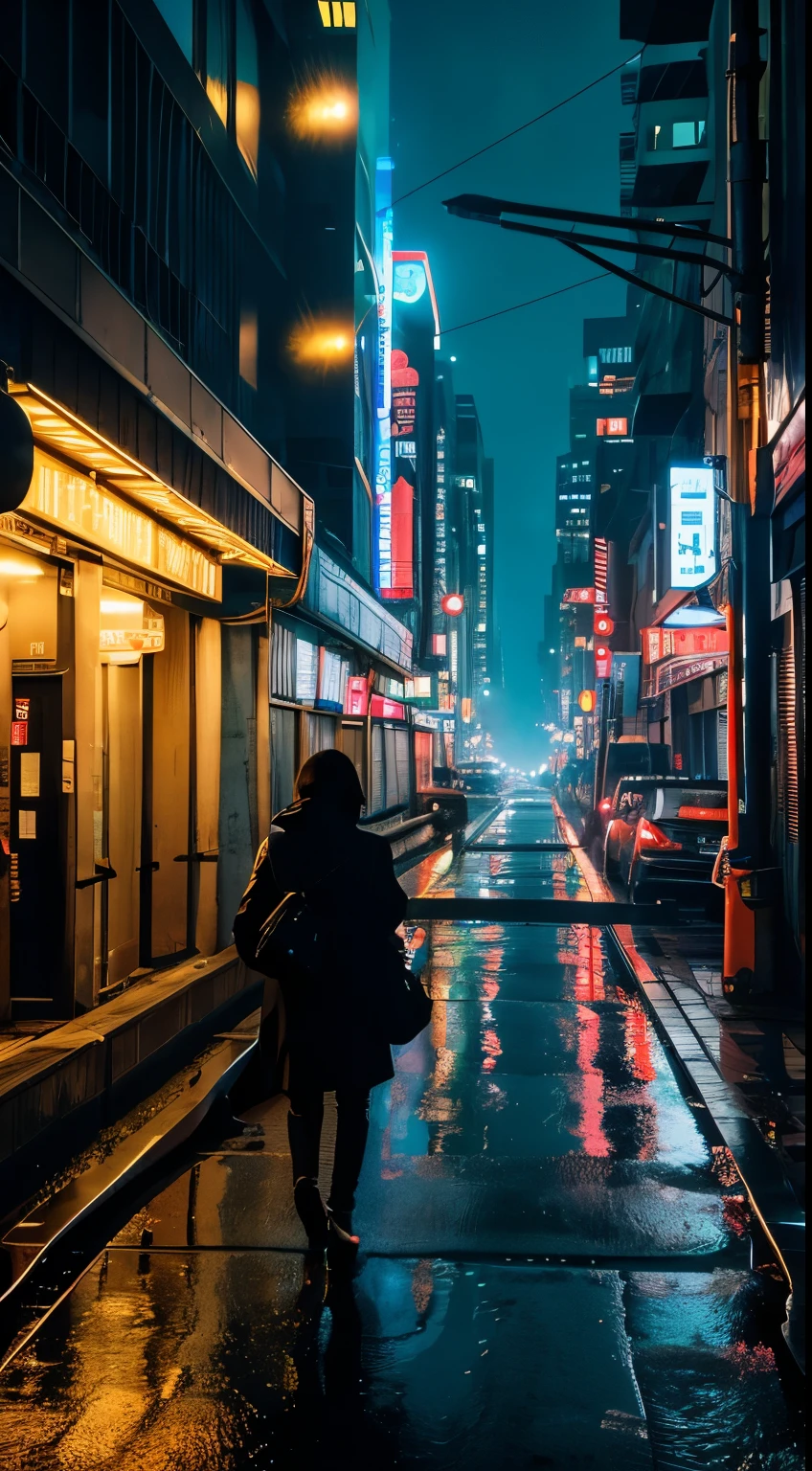 (best quality,4k,8k,highres,masterpiece:1.2),ultra-detailed,(realistic,photorealistic,photo-realistic:1.37),cyberpunk city,night scene,futuristic buildings,neon lights,hovering vehicles,reflection on wet pavement, bustling atmosphere,glowing digital billboards,technological advancements,colorful holograms,fast-paced life,sharp focus,energetic vibe,vivid colors,hard-edged architecture,blurred motion,low camera angle,high-tech gadgets,shadows and highlights, decay,dark alleyways,grid-like street patterns,city skyline,traffic congestion,glowing eyes peering from the shadows,moonlight illuminating the city,contrast between light and darkness,illuminated skyscrapers,interconnected walkways,crowded streets,steam rising from vents,high-rise apartments,elevated train tracks,cool and sleek fashion,electric energy in the air,artificial intelligence blend with human life,blending of cultures,seamless integration of technology,industrial aesthetics,nightclubs with pulsating music and dancing,excitement and anticipation in the air, rush,fast-paced lifestyle,silhouette of a lone figure against the cityscape, exploration,nighttime adventures,unpredictable future.
