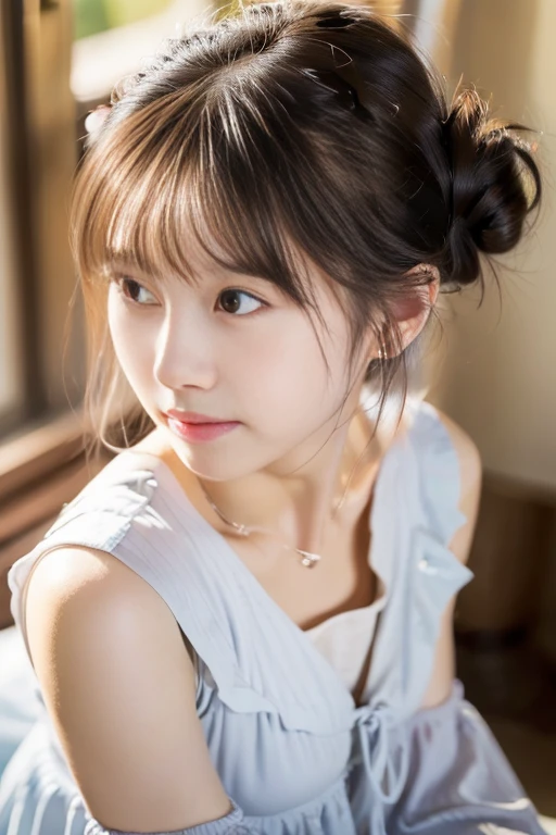 Beautiful 7  Japanese girl, Cute face, (Deeply chiseled face:0.7), (freckles:0.6), Soft Light,Healthy white skin, shy, (Serious face), (Sparkling eyes), thin, smile, white dress, braid high ponytail,bangs,