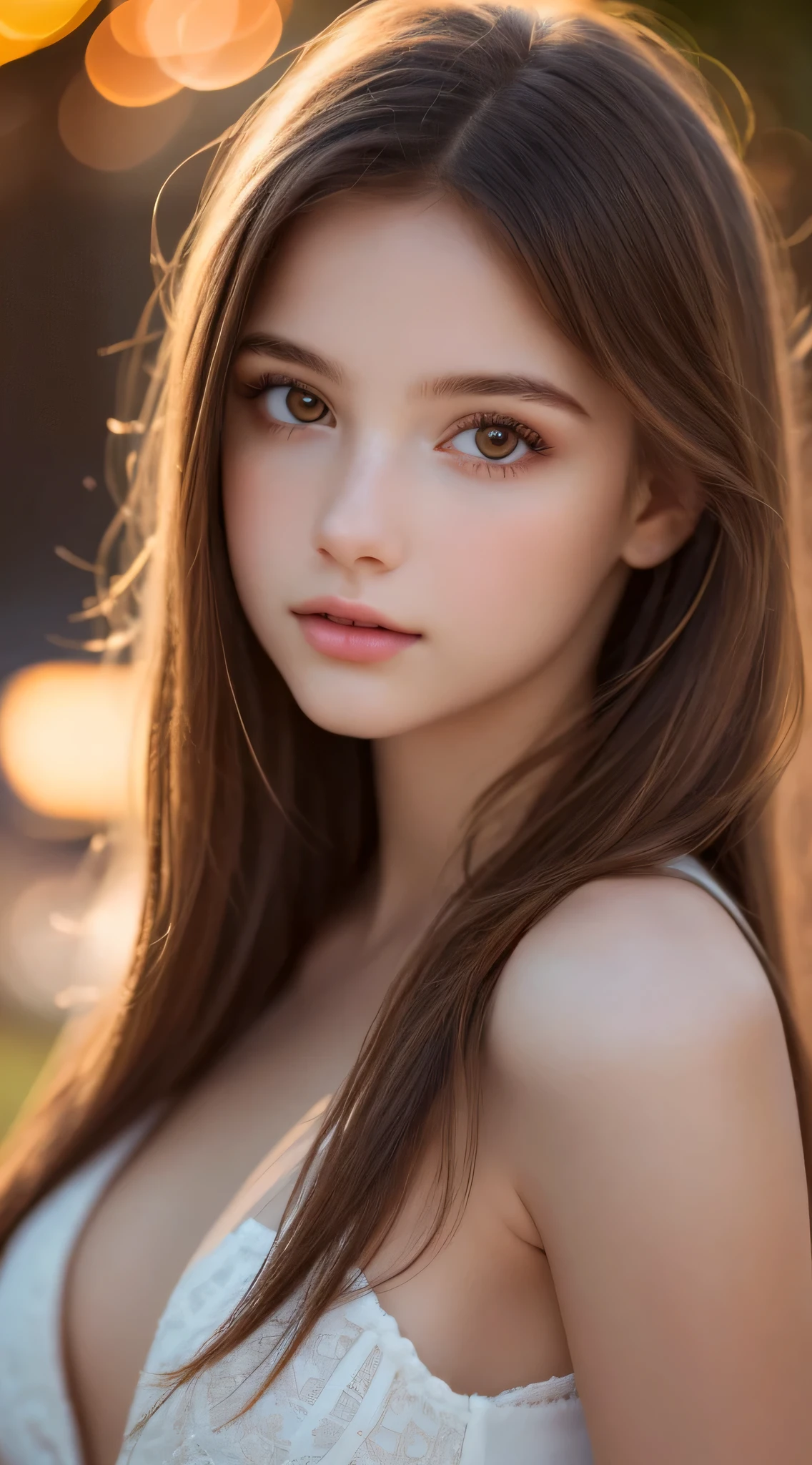 (Best Quality), (Ultra-detailed), (Illustration), (Detailed light), (extremely delicate and beautiful), 1ung girls, Brown hair, Brown eyes, modeled, bare shoulders、breastsout:1.2), Best Quality, extremely detailed CG unified 8k wallpaper, High-definition color, Professional, (((Bokeh))), depth of fields, Twilight, Sunset,