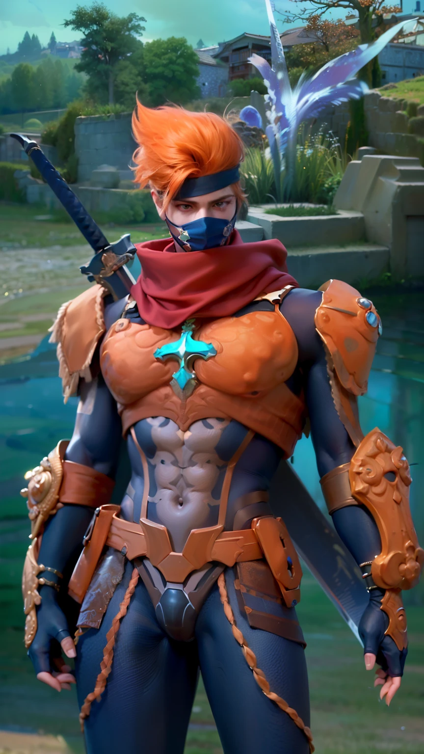 masculine male, masterpiece, ((perfect eyeest quality, (semirealism:1.9), beautiful lighting, (extremely detailed CG unity 4k fhd wallpaper), High Detail, Sharp focus, dramatic outdoors, 1 boy ,19 years old, orange hair, light purpel eyes, blue bandana, sword.