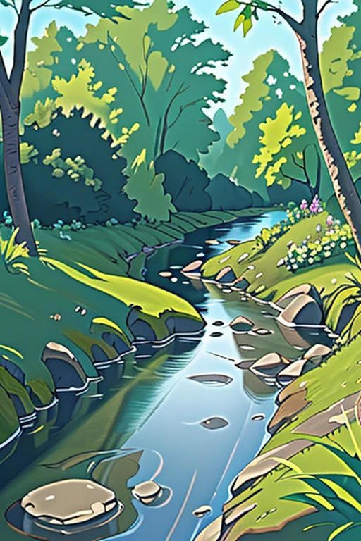 On the edge of a serene stream.