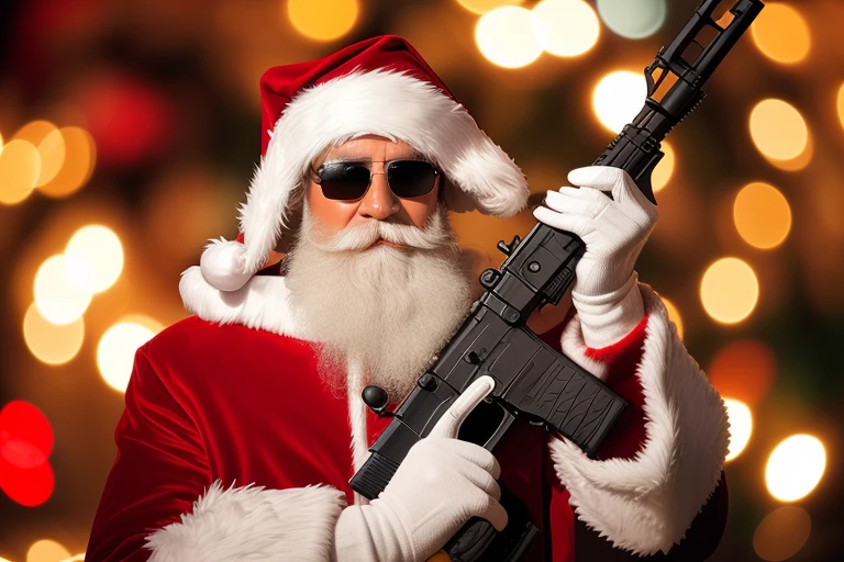 Santa claus holding a gun and wearing sunglasses with a christmas tree in the background, Santa claus, Santa clause, Santa, with rifle, holding rifle, with rifle in hands, holding an AR-15, Wielding an assault rifle, Holds a rifle in his hands, 🕹️ 😎 🔫 🤖 🚬, Carrying a rifle, Laser sights on weapons, with pistol, armed, holiday season