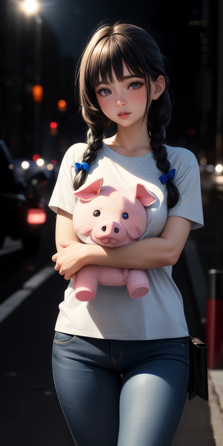 realistic, 1girl holding a cute plush toy piglet, black hair, blue eyes, glowing eyes, t-shirt, pants, parted lips, blush, night, two braids