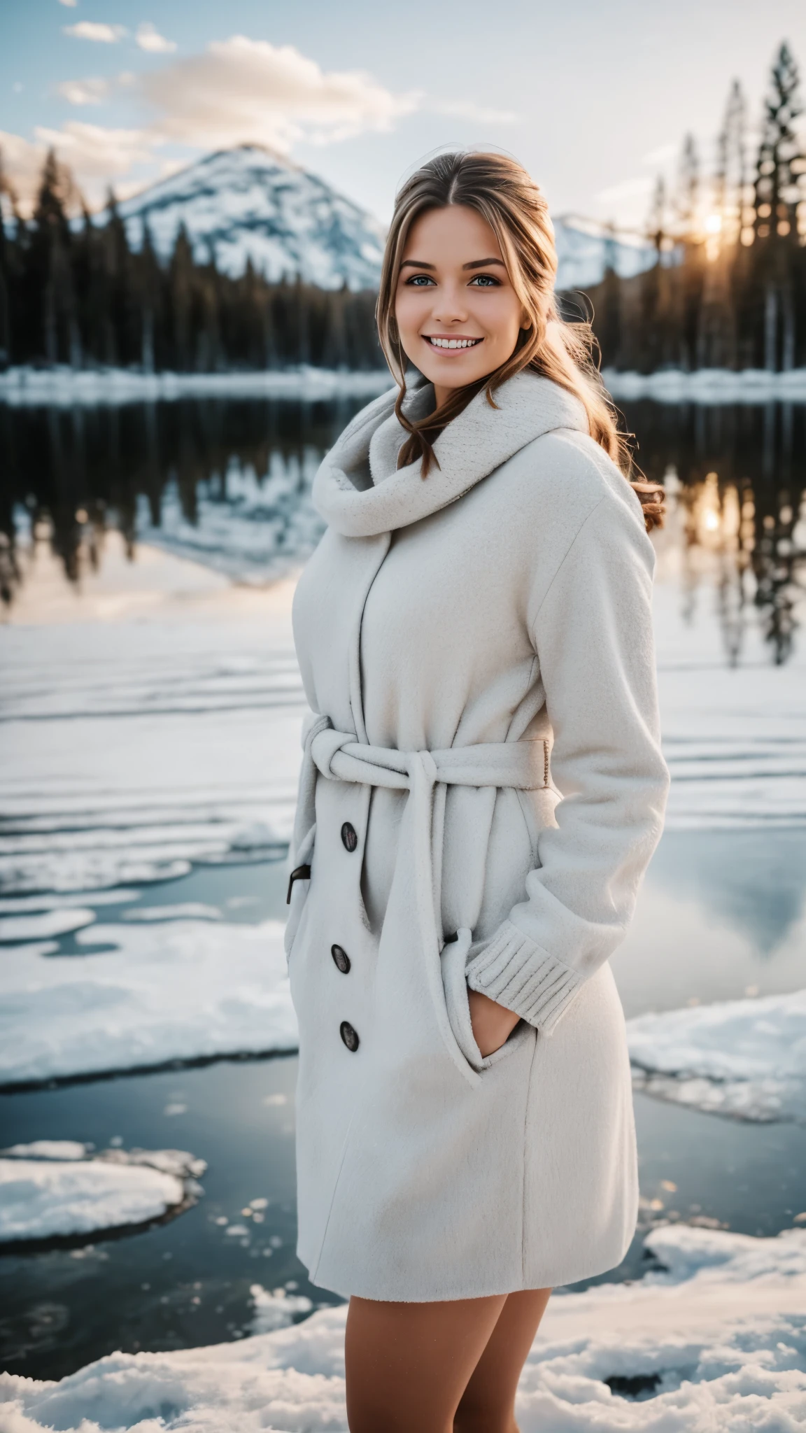 realistic body shot photo of a finnish smiling woman walking in front of the camera wearing a winter dress. Winter. Frozen lake. glamour photoshoot, Snow, perfect butt, beautiful face, perfect anatomy, fit girl, looking into the camera, strong hip:1.2, wide hip:1.3, 23 yo woman. (Eye makeup:1.1), (highly detailed skin:1.1), RAW, analog style, sharp focus, 8k UHD, DSLR, high quality, Fujifilm XT3, grain, award winning, masterpiece.