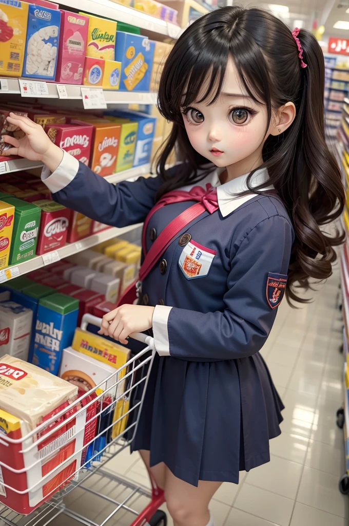 Beautiful and cute ball joy doll., Wearing a JK uniform, Charming poses, in the supermarket cart.