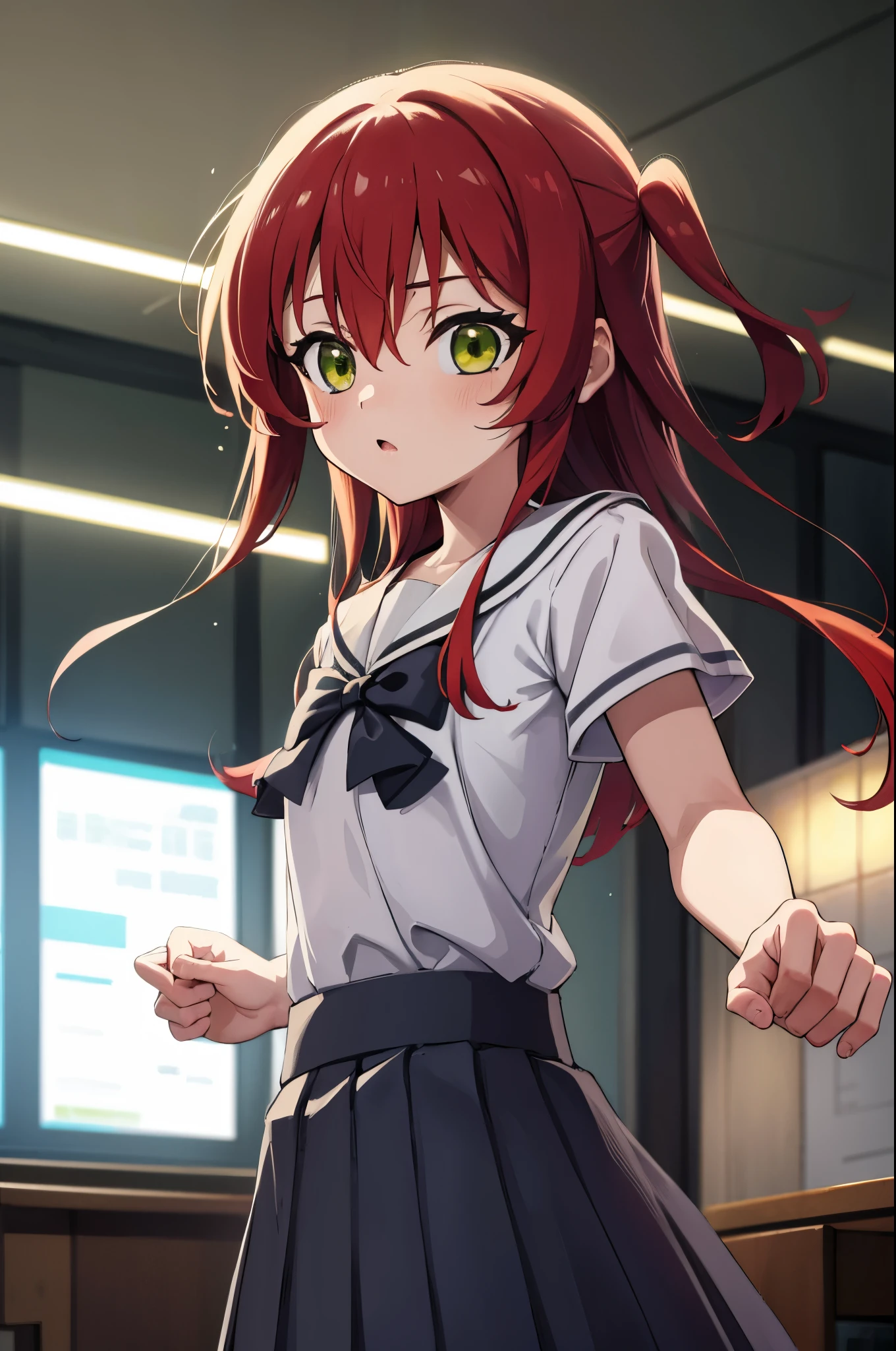 kitaikuyo, ikuyo kita, (green eyes:1.5), hair between eyes, long hair, one side up, red hair, (flat chest:1.2),
BREAK black footwear, black skirt, grey sailor collar, pleated skirt, sailor collar, school uniform, shoes, short sleeves, shuka high school uniform, skirt,,
BREAK looking at viewer,
BREAK indoors, classroom,
BREAK (masterpiece:1.2), best quality, high resolution, unity 8k wallpaper, (illustration:0.8), (beautiful detailed eyes:1.6), extremely detailed face, perfect lighting, extremely detailed CG, (perfect hands, perfect anatomy),up chest.fighting stance