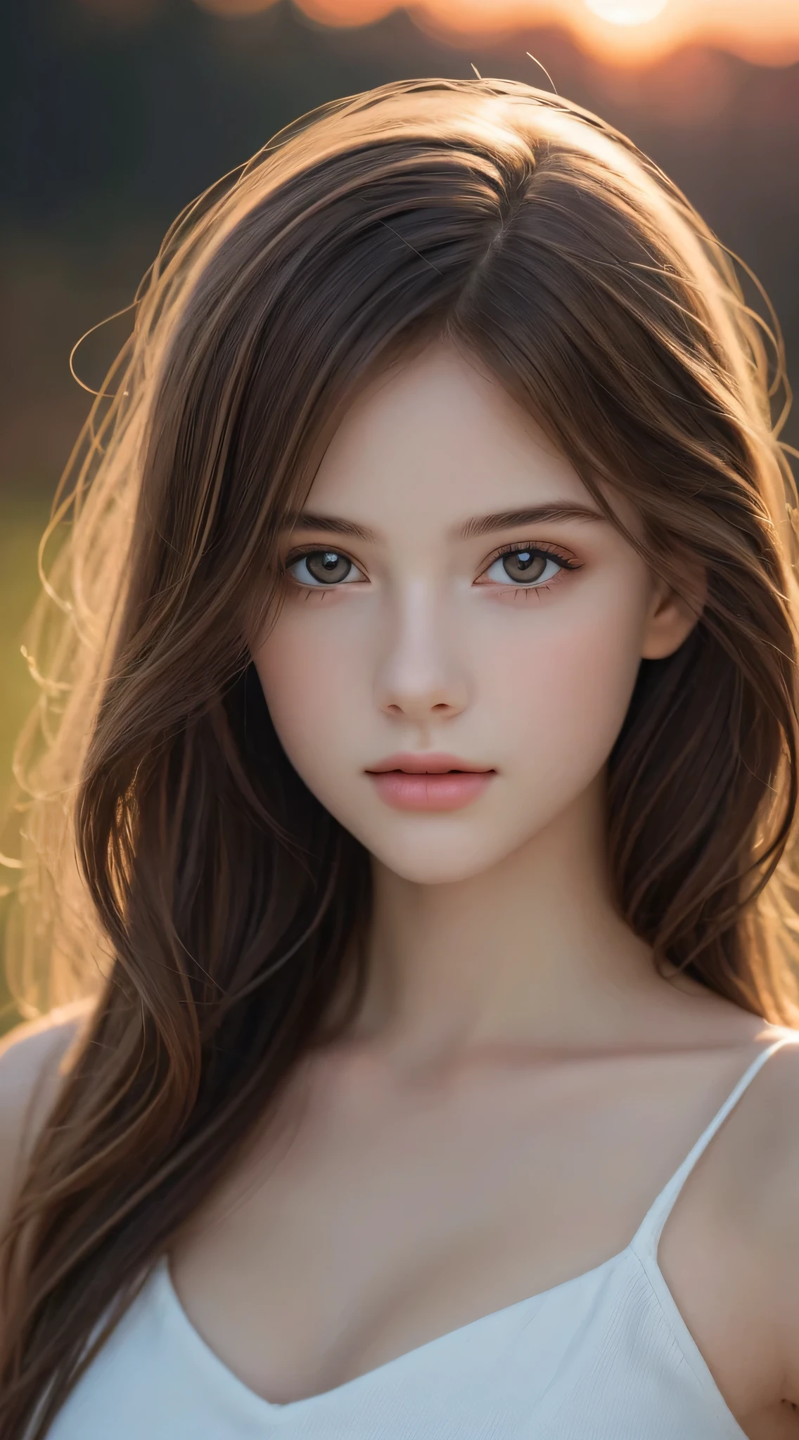 (Best Quality), (Ultra-detailed), (Illustration), (Detailed light), (extremely delicate and beautiful), ***ung girls, Brown hair, Brown eyes, modeled, bare shoulders​、breastsout:1.2), Best Quality, extremely detailed CG unified 8k wallpaper, High-definition color, Professional, depth of fields, Twilight, Sunset,