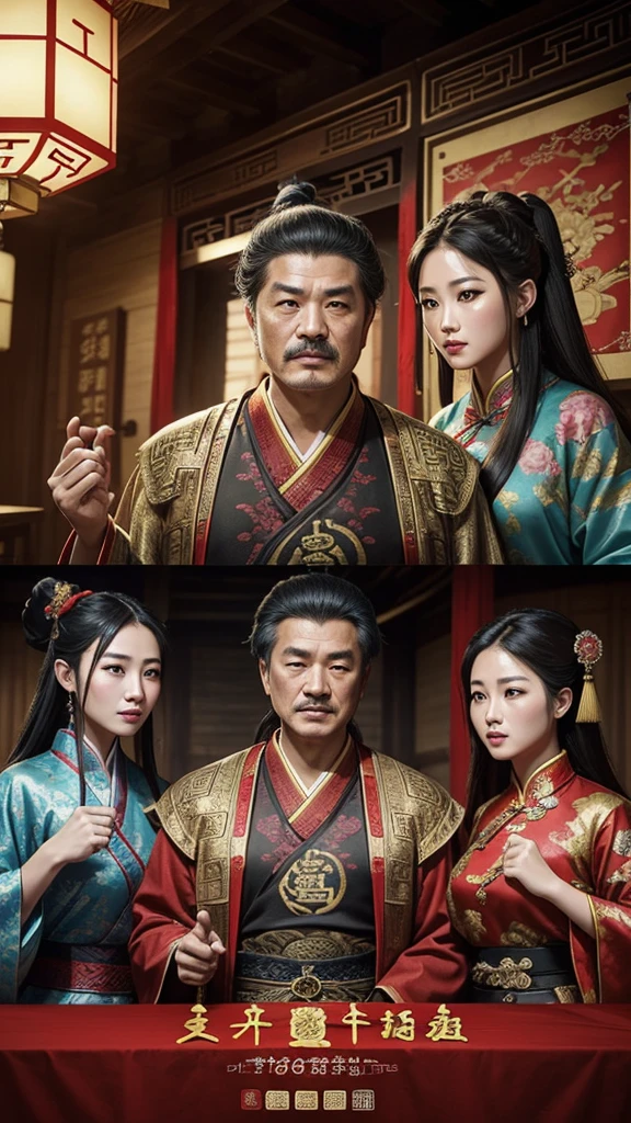 oriental、Middle-aged man wearing ancient Chinese clothes、ancient chinese hairstyle middle age、three kingdom、multiple warlords、top-quality、​masterpiece、超A high resolution、(Photorealsitic:1.4)、Game Posters、Inside the building、