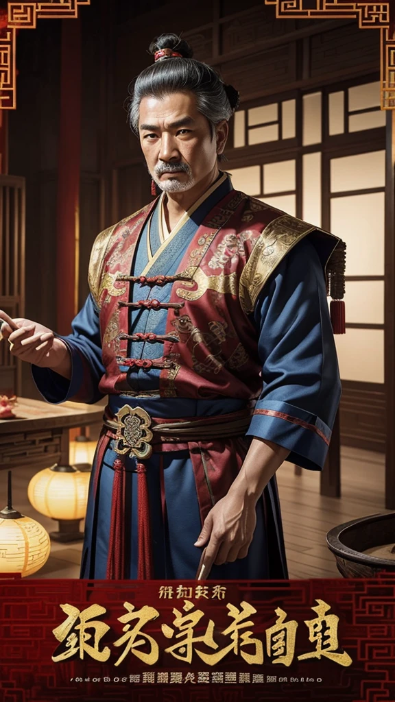oriental、Middle-aged man wearing ancient Chinese clothes、ancient chinese hairstyle middle age、three kingdom、multiple warlords、top-quality、​masterpiece、超A high resolution、(Photorealsitic:1.4)、Game Posters、Inside the building、
