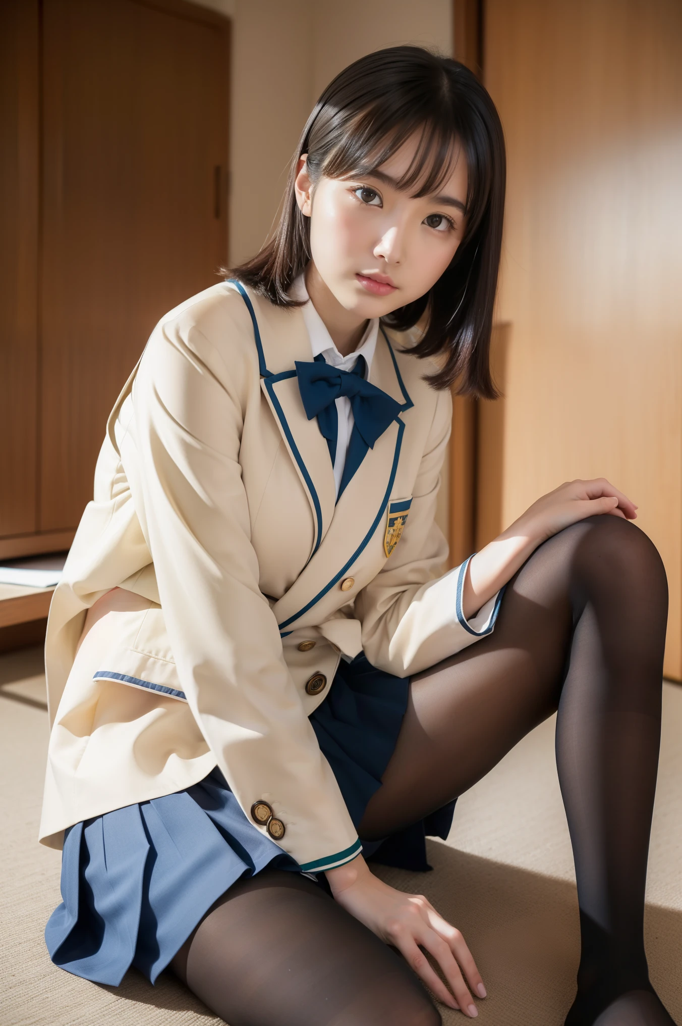 (Raw foto:1.2, Photorealcitic:1.4), Beautiful detailed girl, very delicate black eye, Japanese Female, Ridiculous, Unbelievably ridiculous.,18 years-old ,fashionable , (Hight Resolution, Very detailed, Best Quality, masutepiece), Healthy body, ((Japanese girls' high school uniform)),springtime , bruises,(perfect anatomia,Beautiful limbs), read.silence,idol , amazing, tits huge:1.4, masutepiece, Best Quality,Gravure photo , light on the face, Cinematic lighting, 1girll,Professional Photography, ((artistic)), ((Dynamic Pose))), (Pantyhose), (Sitting with legs bent at the knees))