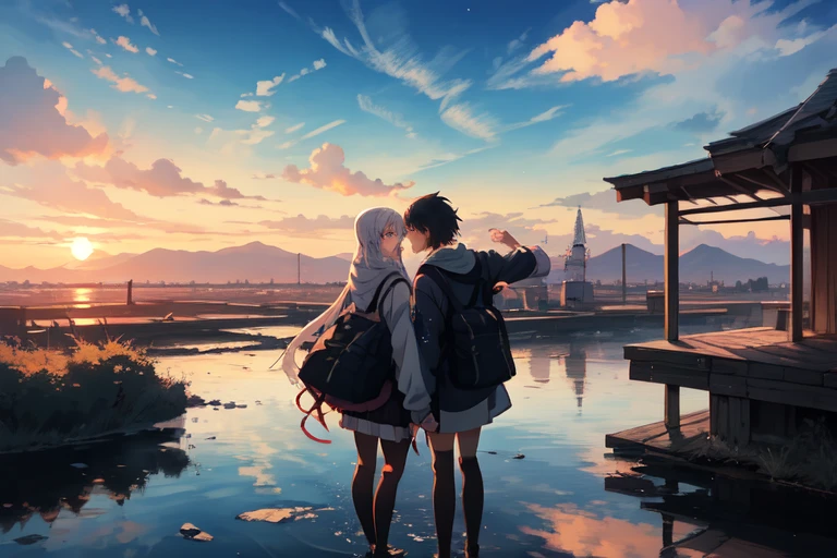 川に立ってGazing at the Sunsetアラフェの女性, Gazing at the Sunset. Anime, style of aenami alena, beautiful Anime scene, makoto shinkai cyril rolando, style of alena aenami, girl watching sunset, 4k Anime wallpaper, Anime beautiful peace scene, Anime wallpaper 4k, Anime wallpaper 4 k, Anime style 4 k