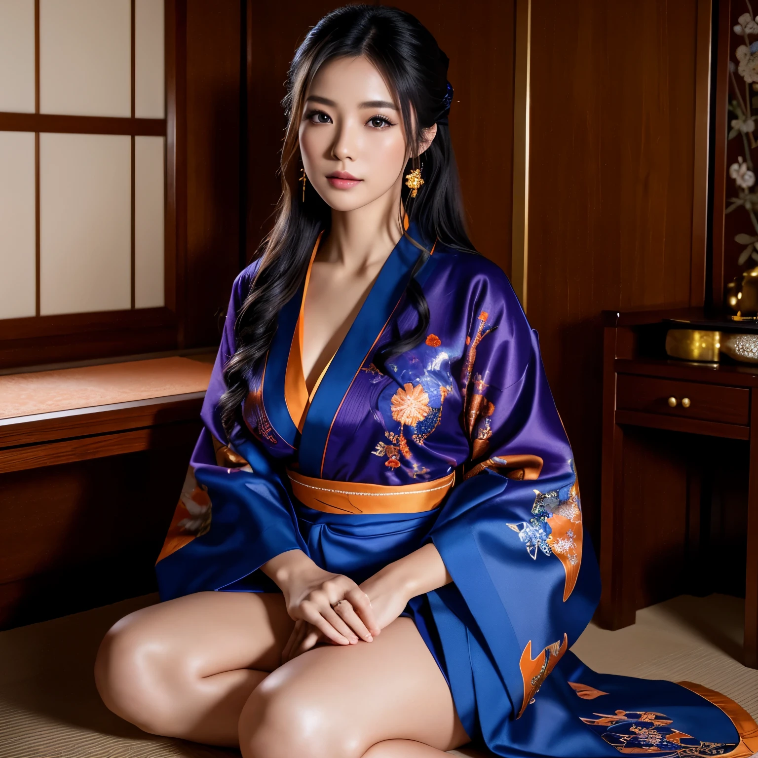 finest image, 8k, RAW photo, realistic, detailed, delicate, flashy and dynamic depiction, beautiful woman, full-makeup, New Year's greetings, wearing a blue, purple and orange Japanese kimono with golden embroidery, sitting straight and bowing her head, her hair beautifully styled, background Japanese room