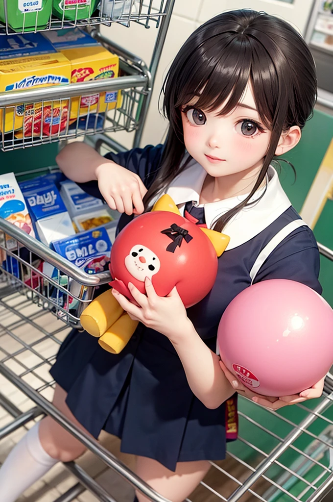 Beautiful and cute ball joy doll.., Wearing a JK uniform, Charming poses, in the supermarket cart.