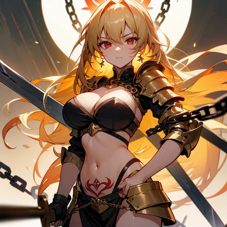a pretty anime girl with lots of clothes is surrounded by swords and chains, 1girl, gilgamesh (fate), breasts, long hair, solo, chain, genderswap (mtf), genderswap, red eyes, large breasts, blonde hair, armor, navel, weapon, fire, tattoo, cleavage, jewelry, looking at viewer