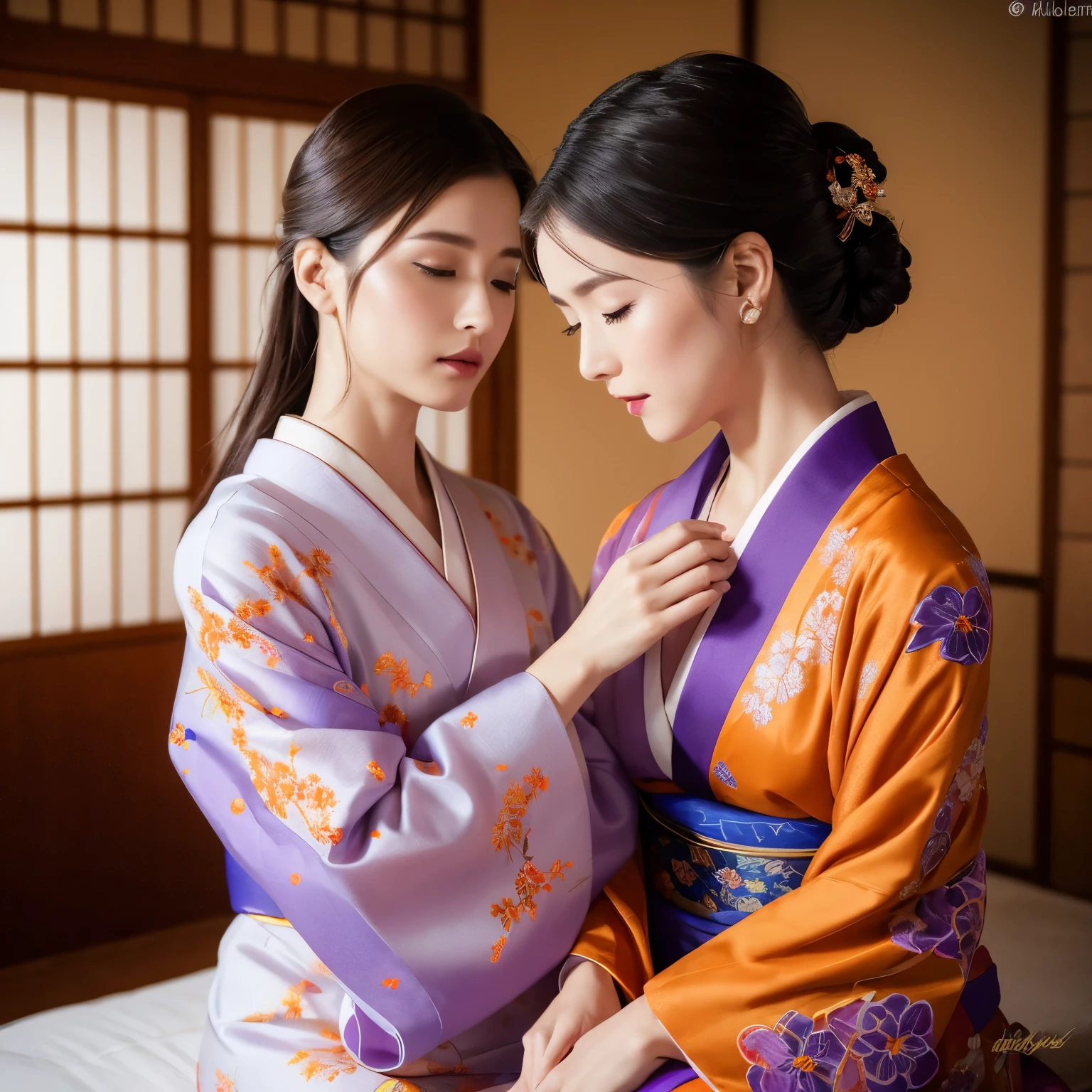 finest image, 8k, RAW photo, realistic, detailed, delicate, flashy and dynamic depiction, beautiful woman, full-makeup, New Year's greetings, wearing a blue, purple and orange Japanese kimono with golden embroidery, sitting straight and bowing her head, her hair beautifully styled, background Japanese room