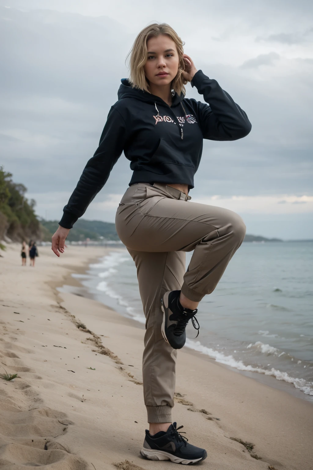 Muscular Norwegian girl, long cargo pants, hoodie hiking shoes, at beach, sole, kicking, blonde short hair