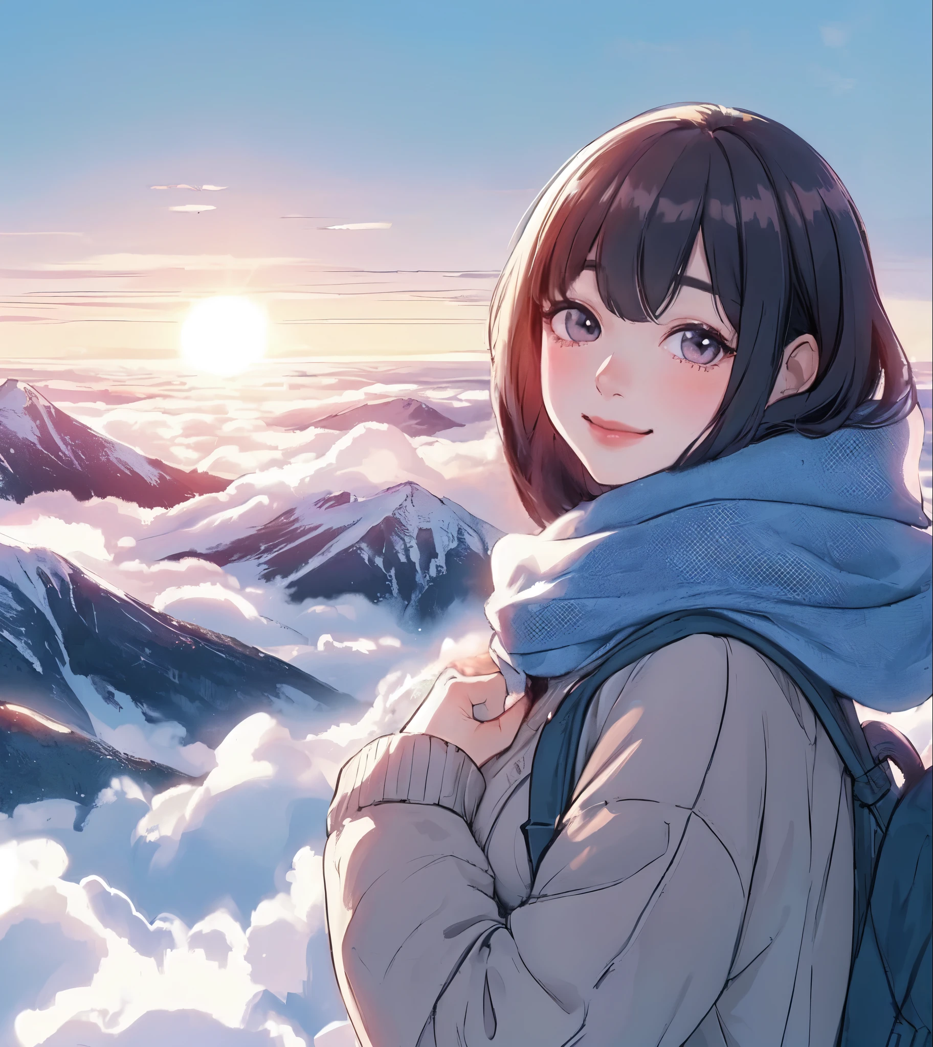 1lady solo, (looking back at viewers), (stylish outfit) winter, mature female, /(black hair/) bangs, blush kind smile, (eyes sparkling with hope), (masterpiece best quality:1.2) delicate illustration ultra-detailed, large breasts BREAK (the first sunrise on the horizon), mountain (sea of clouds:1.2), morning glow, vibrant colors sky BREAK (standing on top of mountain) outdoors, early morning