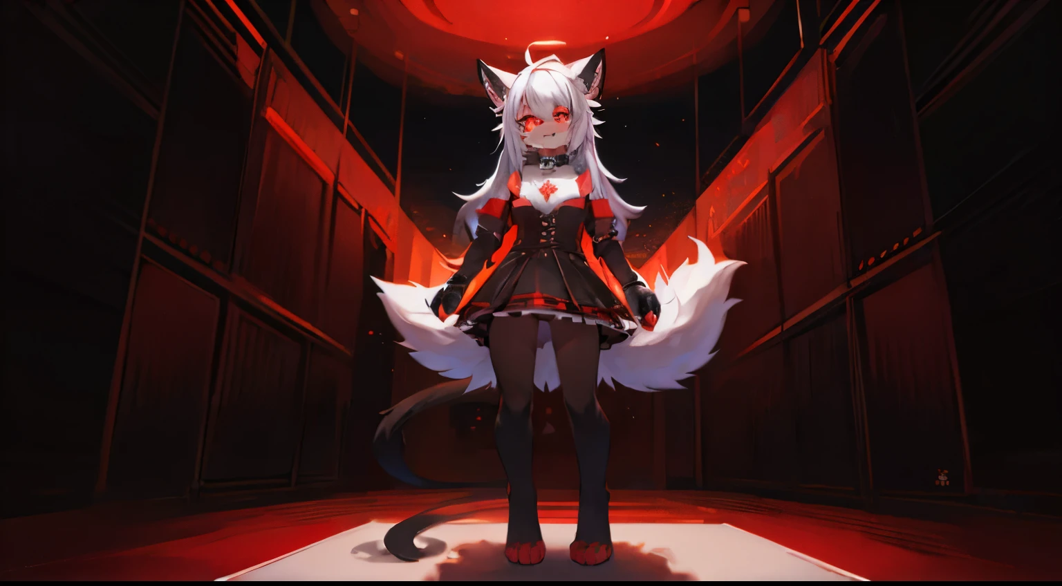cat woman, White hair,{{{3 cat tails}}}, (A vibrant Eyeaster t masterpiece:1.3), (Interesting stuff:1.3), (Best quality:1.3), (ultra - detailed:1.3), (The best shadow:0.7), (Hair care), (red eyes:1.1), 14k, demonic wings, Cat succubus, goat horn，girl，{{Whole body diagram}}，high detal, super detailing, high high quality, Award-Awarded, Best quality at best, Expert perspective，perfect anatomia，The tail is thick，Black is the dominant color，Devil tattoo，devil skirt，Black Claw，canineteeth，Three cats have obvious marks on their tails，Ella，Red paws，are standing，all in black腿，Red meat mat，tattoo all over body，crutch，demonic wings，Tattoo on the forehead，Close to the screen，Helix angle，at the edge of the screen，all in black毛，shaggy，detailed digital anime art， （（））， （（Black and red clothes，all in black））， （（adorable expression，Long gray hair, red eyes, glowing light eyes, collars, two endings, space katana,（tri tails：1.5），{{{{{{{{{{leg purple tattoo}}}}}}}},{{{{{{{{all in black毛}}}}}}