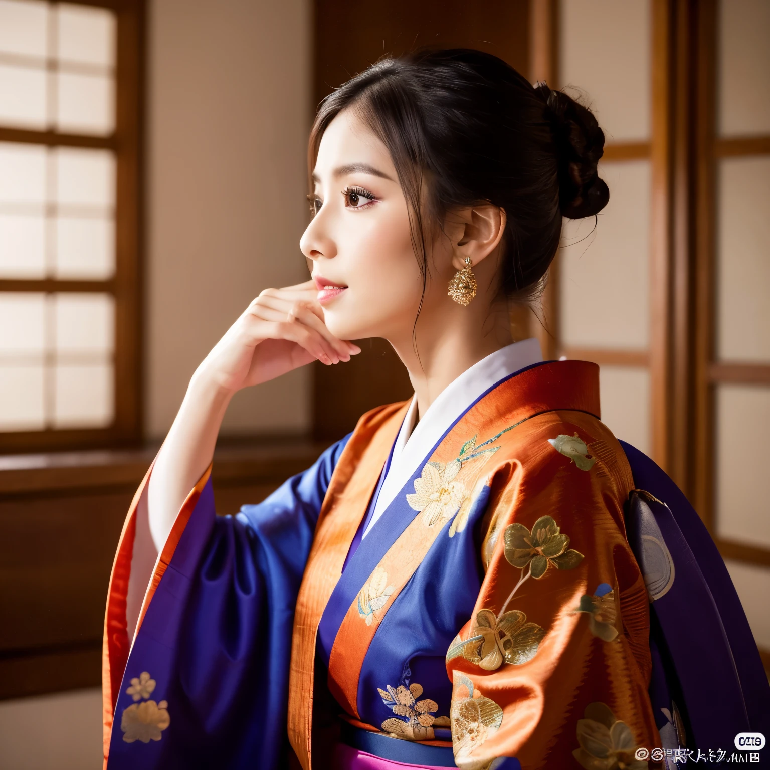 kimono、Cinematic atmosphere、Professional composition、Natural Body、fantasy,sitting in front of a golden screen、flower arrangement、tatami、looking at the camera