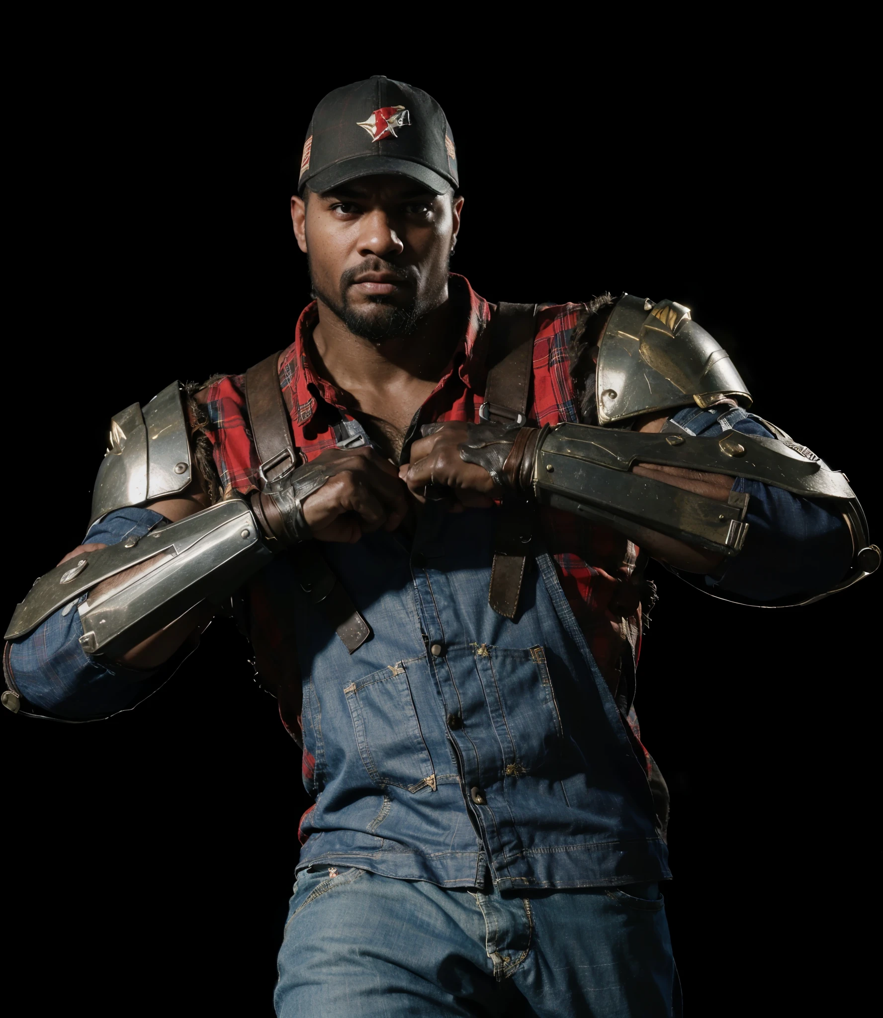 (masterpiece),(best quality:1.0),(ultra high resolution:1.0), Jax, mortal kombat, beard , farmer, metal arms, cap forward, red plaid shirt, black man, closeup, detailed, face focus, 8k wallpaper