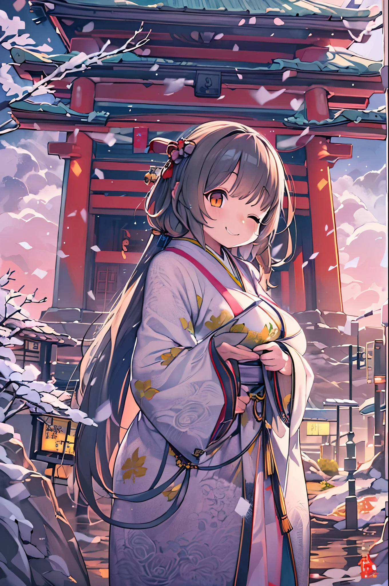 huge-breasted、kawaii、(Sunny Clothes)、torii gate,((Oblique angle))、{{close up to face}}、one eye closed、winking、A big smile、bbw、thick thight、big butts、Ultramammy, Winter days, Anime Background Art, japanese art style, beautiful anime scene,detailed scenery - width 672, Background art, Anime landscapes, Anime Background, Beautiful anime scenery, Beautiful peace scenes in anime, landscape artwork, Japan Village, Anime landscapesコンセプトアート, 8K))、New Year’s Day、1 moon