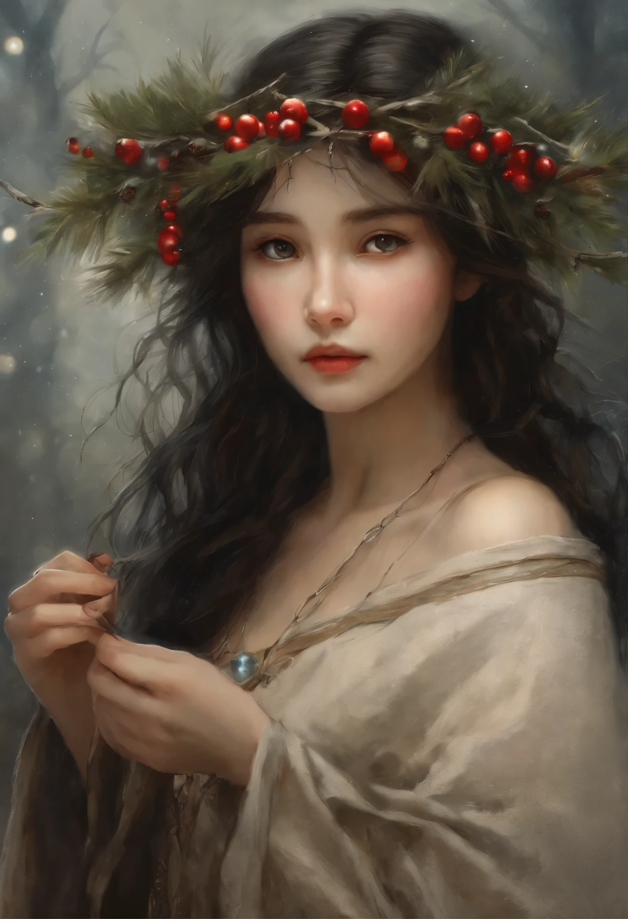 aAnime style, 真实感, a painting, Fantastic tale, Christmas style, John Tolkien style, Small painting by Jean-Baptiste Monge, young woman - Her thin straight eyebrows came together into a thread., and dark circles appeared under the eyes.