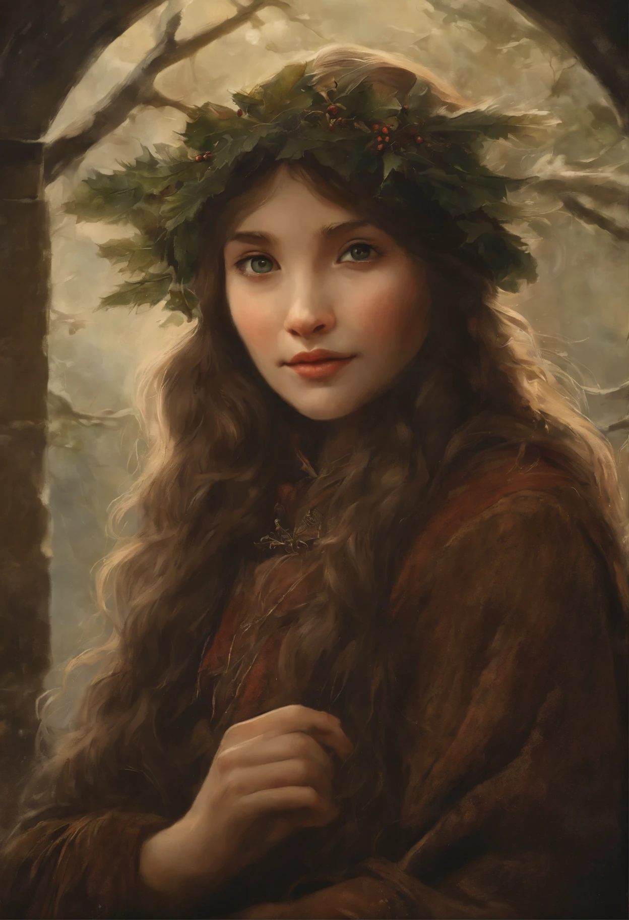 aAnime style, 真实感, a painting, Fantastic tale, Christmas style, John Tolkien style, Small painting by Jean-Baptiste Monge, young woman - Her thin straight eyebrows came together into a thread., and dark circles appeared under the eyes.