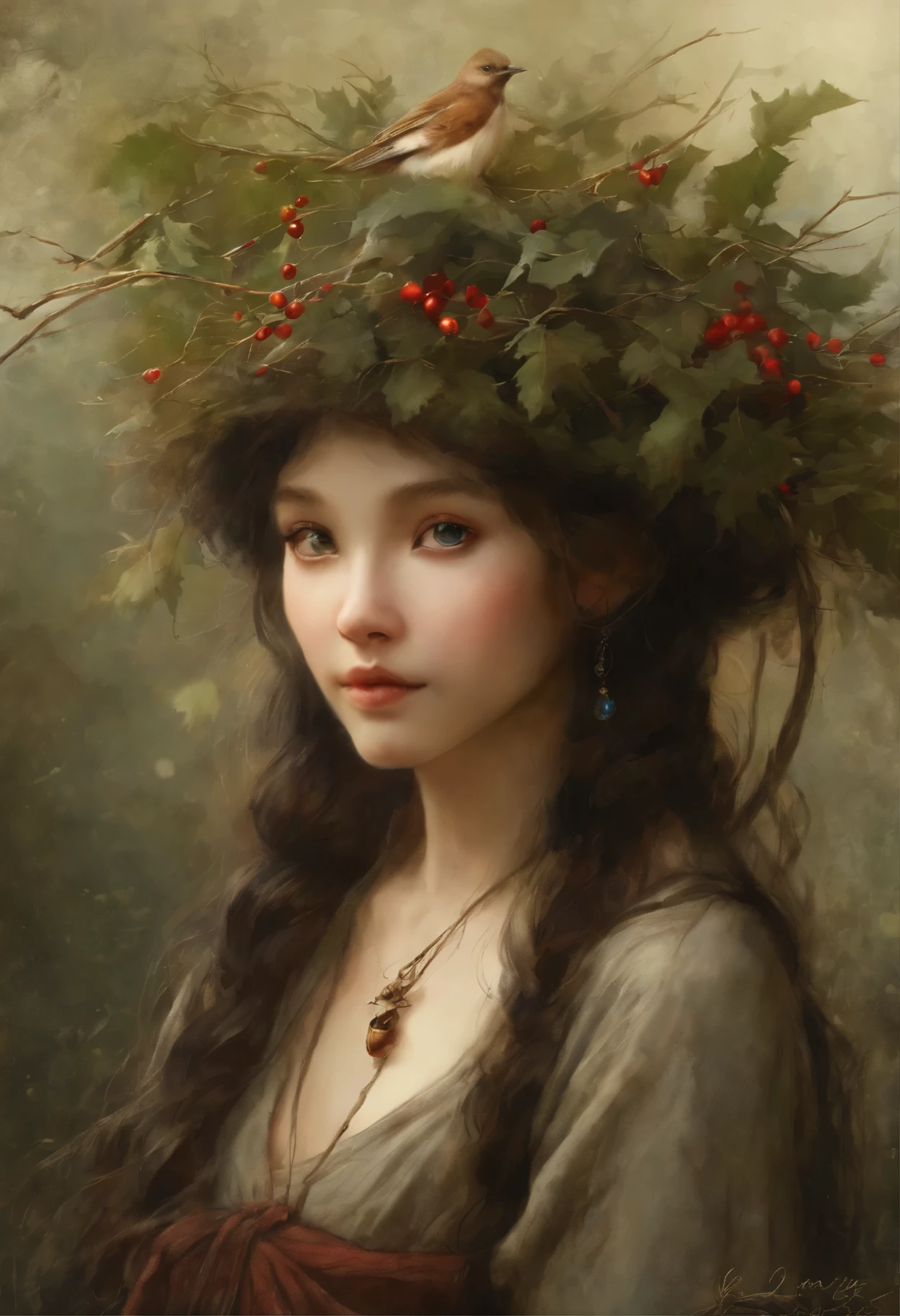 aAnime style, 真实感, a painting, Fantastic tale, Christmas style, John Tolkien style, Small painting by Jean-Baptiste Monge, young woman - Her thin straight eyebrows came together into a thread., and dark circles appeared under the eyes.