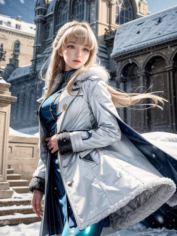 (highest resolution, distinct_image), realistic, Best quality, single person, one girl, solo, masterpiece, highly detailed, realistic, long hair, braided white blond hair, (blue military uniform underneath the coat), depth of field, outdoor background, (falling snow), ((big breasts)), authoritative, dignified, calm and powerful expression, ambient lighting, exquisite facial feature, (fur-trimmed white coat), open coat, short skirt, looking at viewer, head to waist, in a terrace of a monumental building, (((front bangs))), dynamic angle, striking a pose, light smile, detailed background